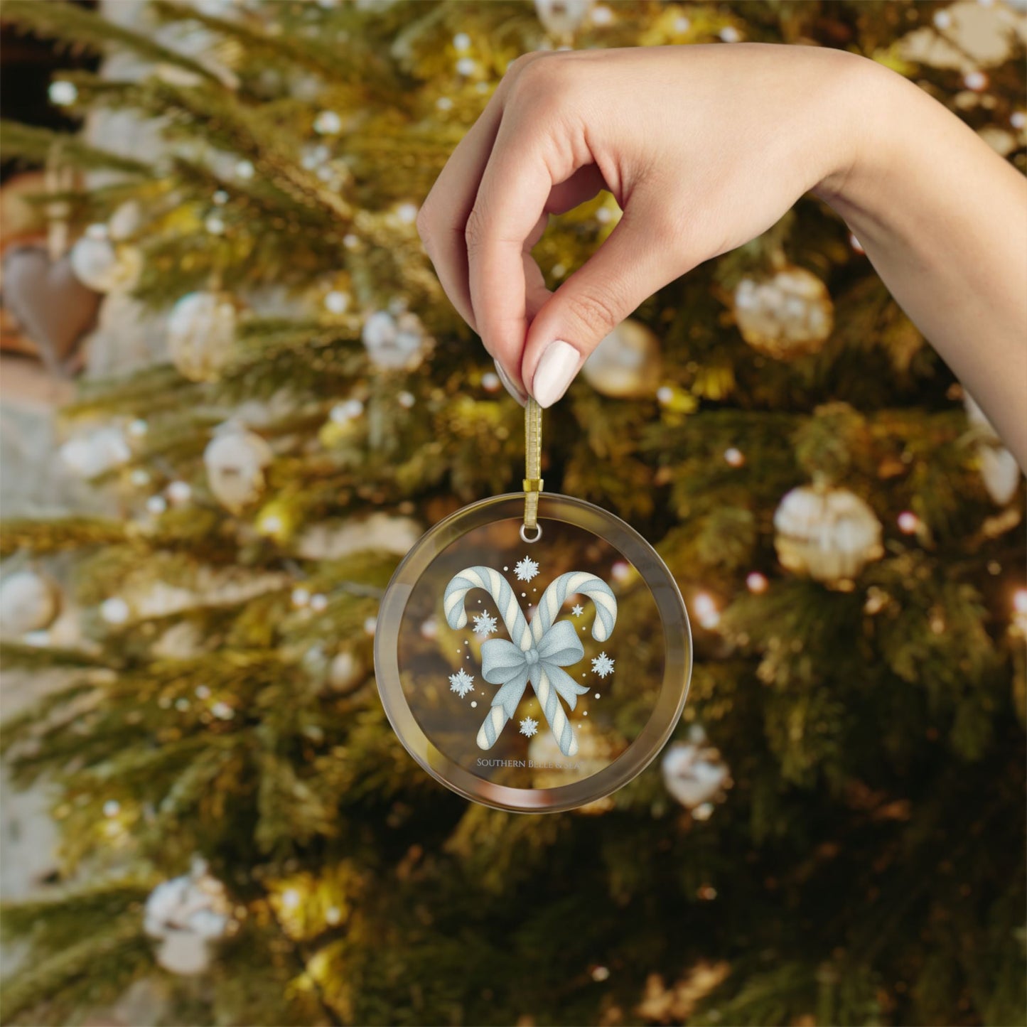 Blue Candy Canes & Bow Glass Ornament — Classic Noel Edition | Southern Belle & Sea™ - Southern Belle & Sea