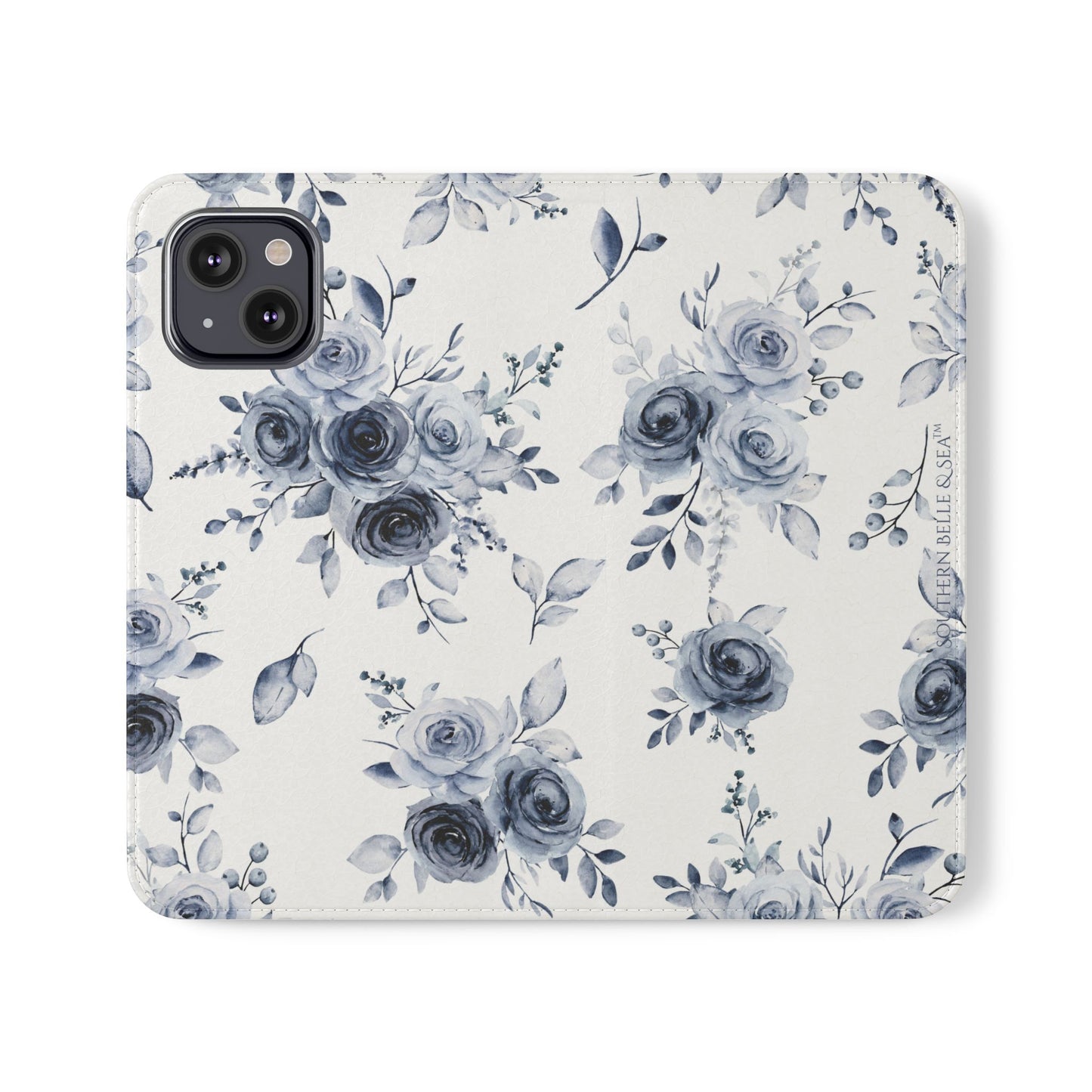 iPhone flip case styled with matching tote, tumbler, and lounge pants from Southern Belle & Sea™ Blue Willow Rose Collection