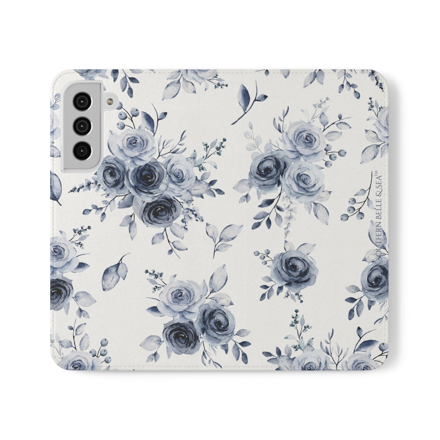 Blue Willow Rose floral iPhone flip case folded with ribbon, gift-ready by Southern Belle & Sea™