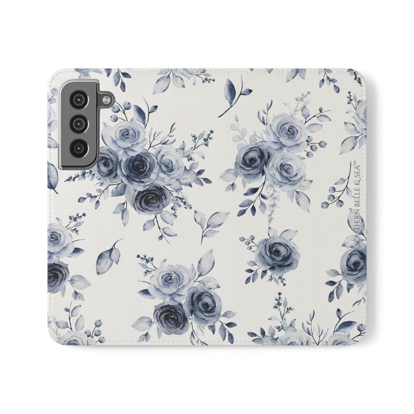 Blue Willow Rose iPhone case styled on desk with notebook and pen, Southern Belle & Sea™