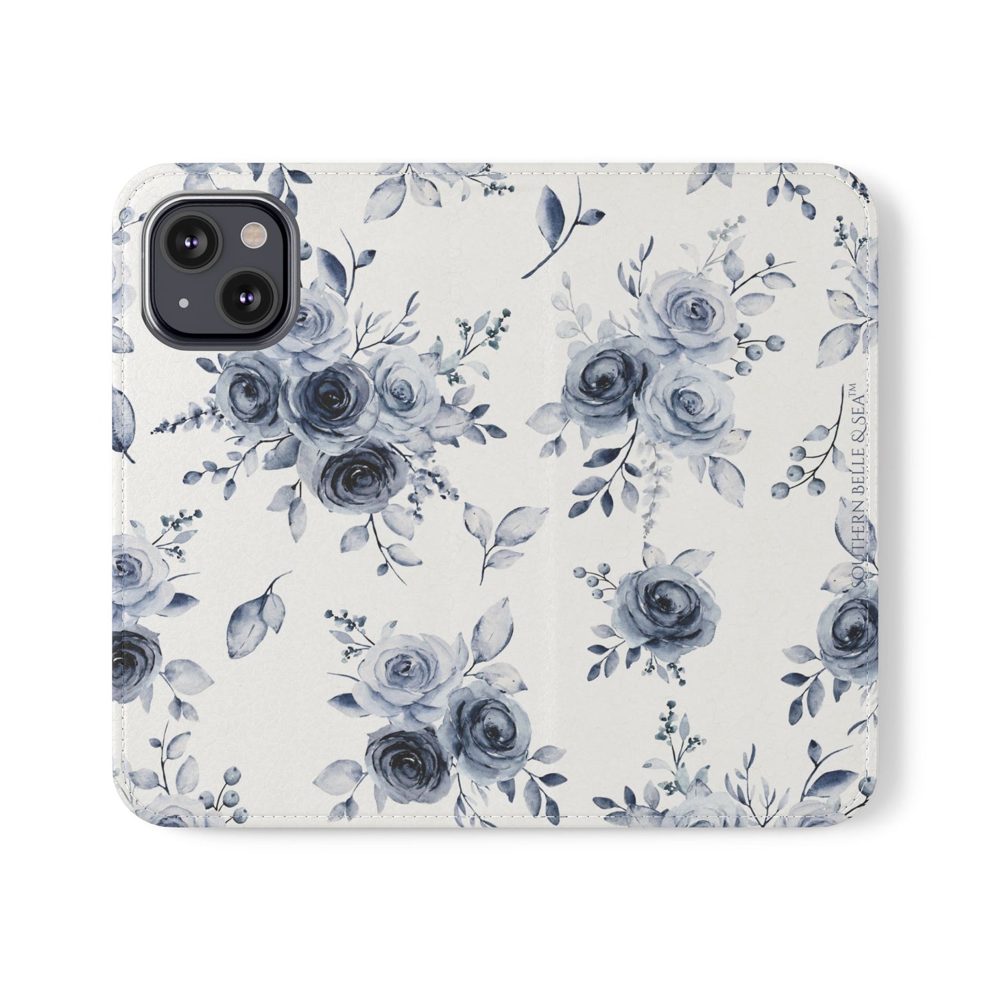 Angled open view of Blue Willow Rose floral iPhone flip case showing slots and secure band closure