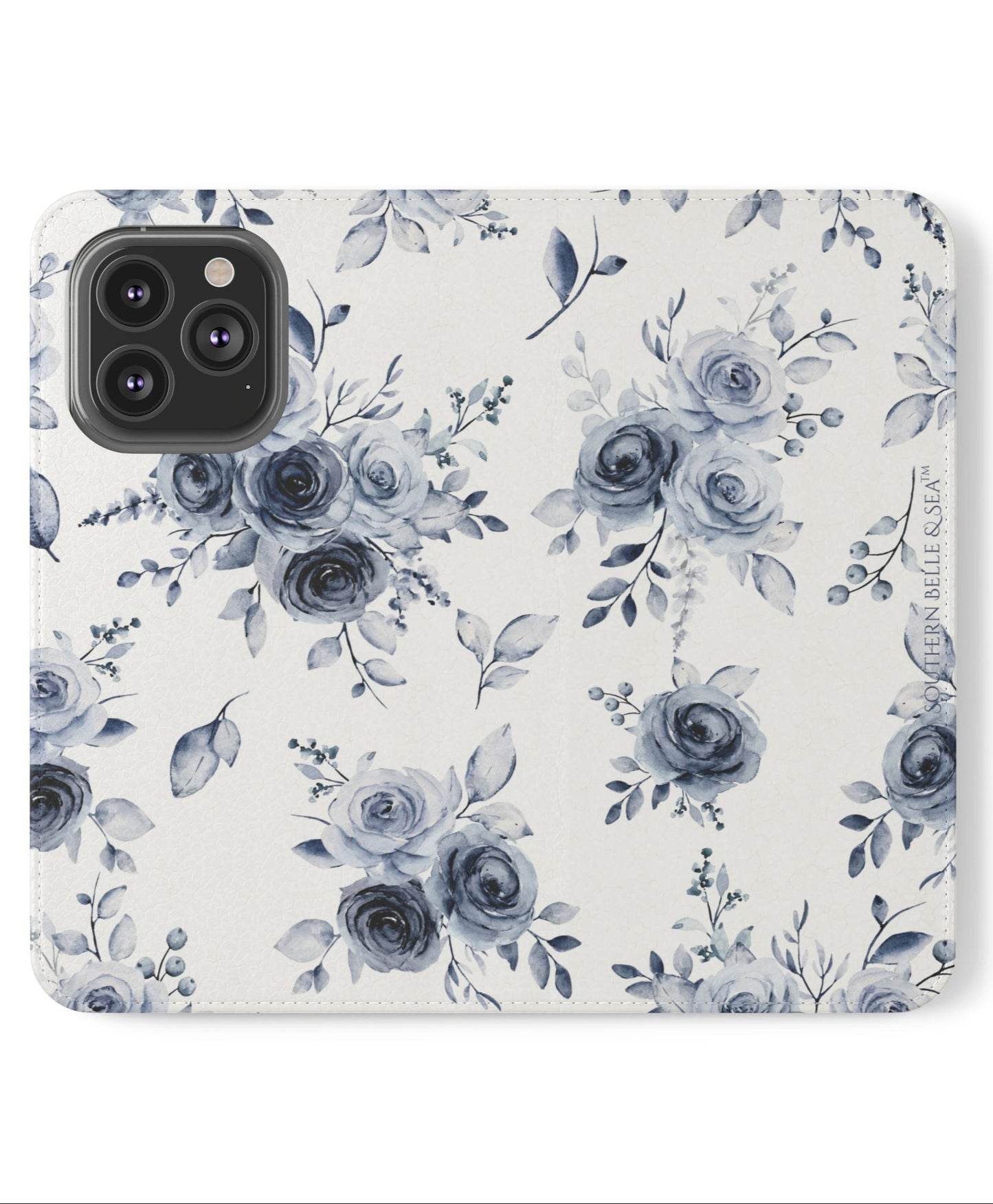 Blue Willow Rose iPhone flip case open, showing card slots and phone compartment, Southern Belle & Sea™