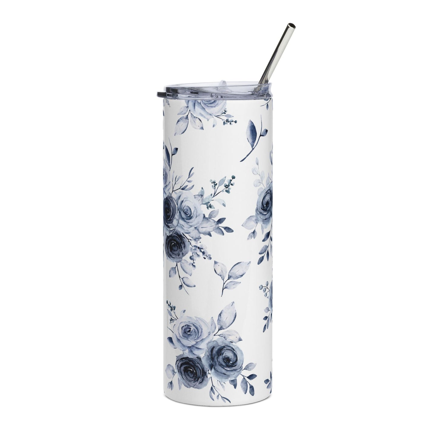 Close-up of Blue Willow Rose floral design on stainless steel tumbler by Southern Belle & Sea™