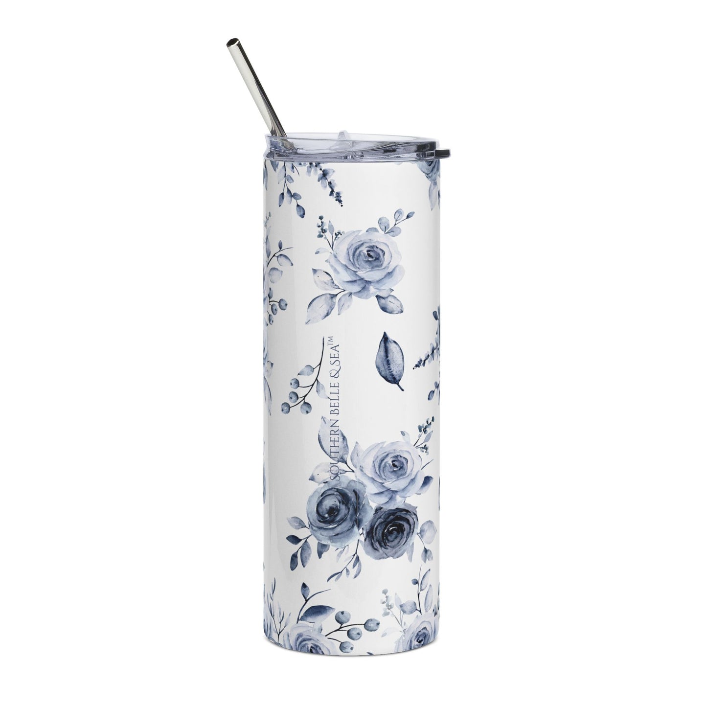 20oz stainless steel tumbler with Blue Willow Rose design, Christian floral drinkware by Southern Belle & Sea™