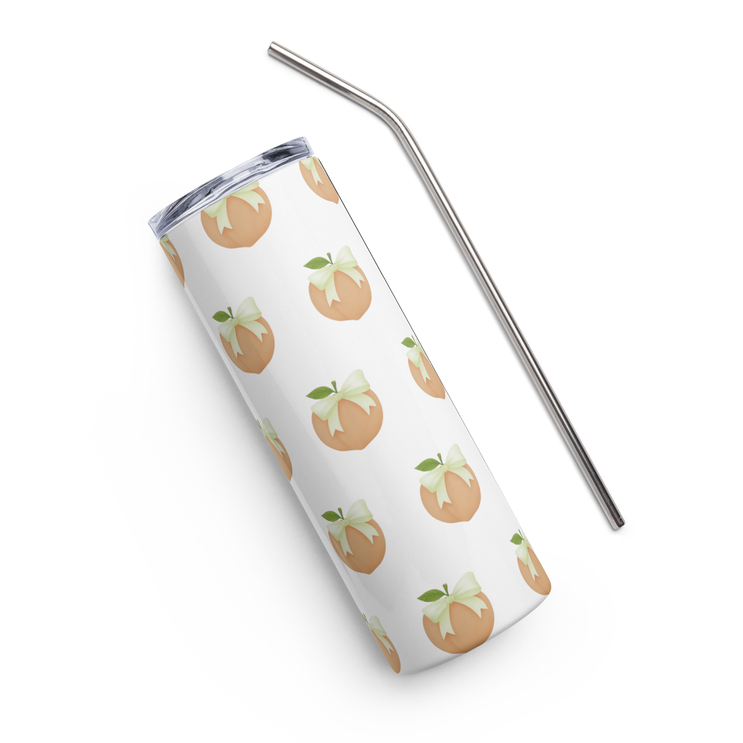 Stainless steel tumbler with allover peach design shown with removable metal straw on white background.