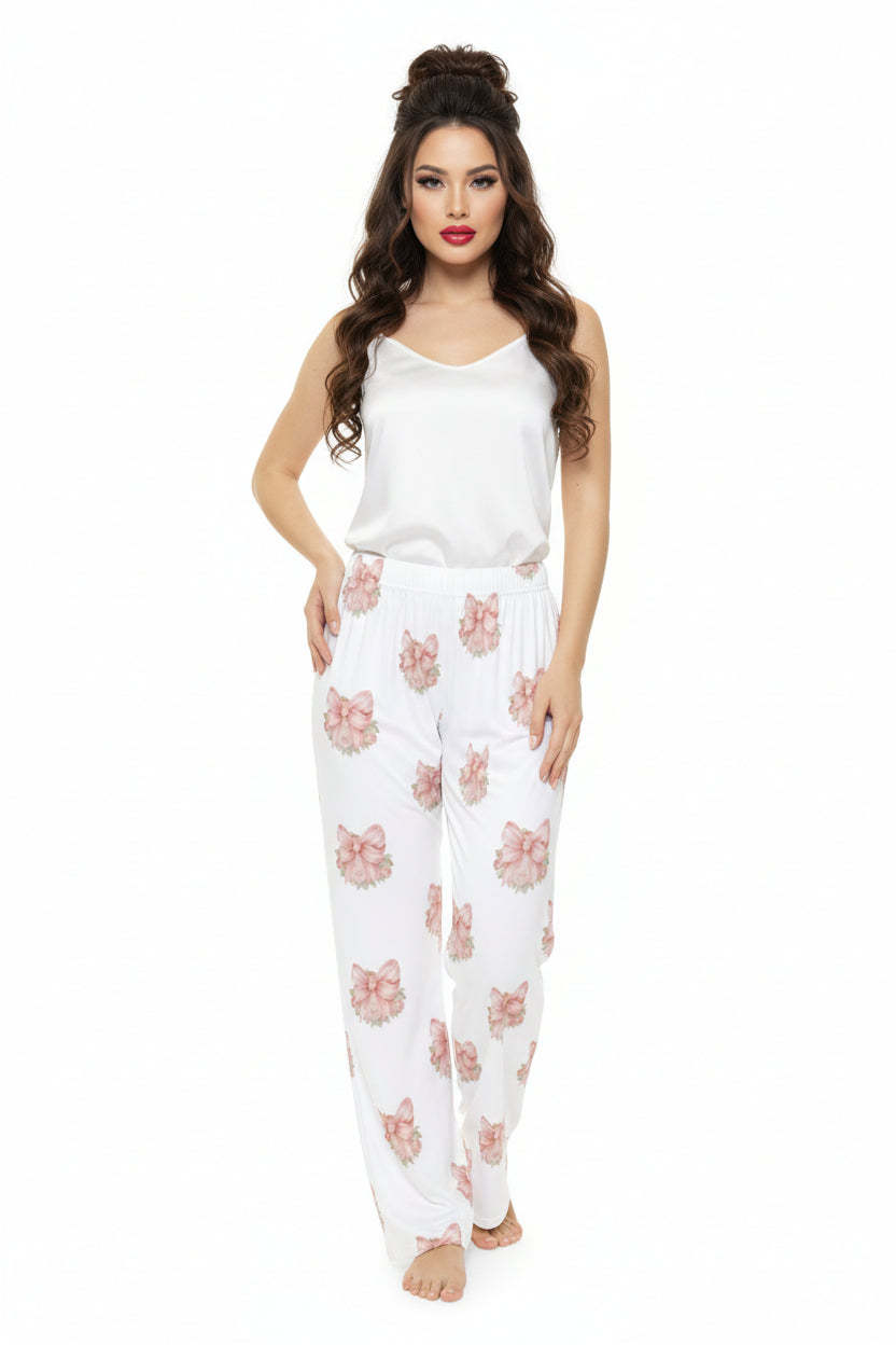 Floral Bow on White Lounge Pants — Pink Floral Bow Collection | Southern Belle & Sea™ - Southern Belle & Sea