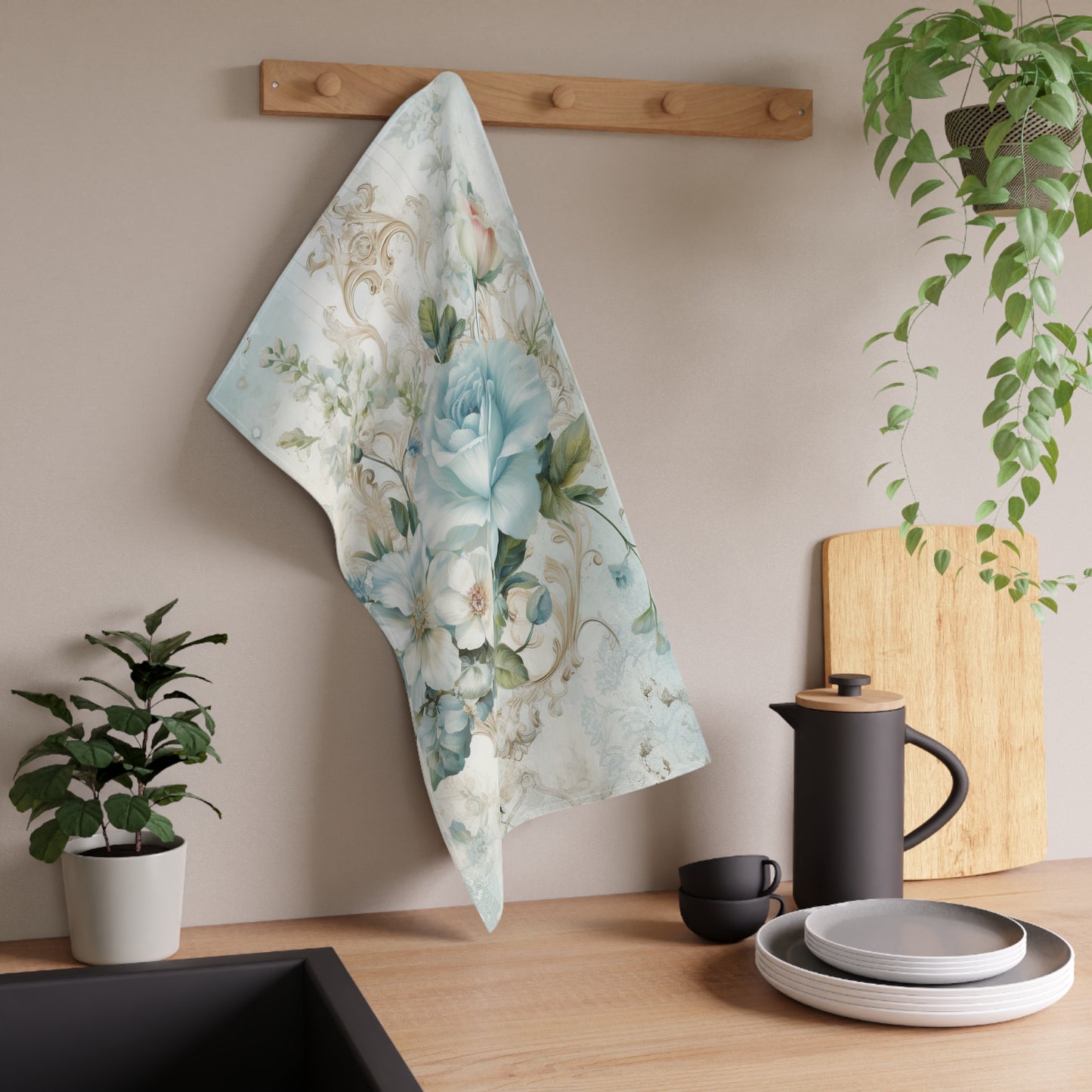 Close-up of Floral Elegance Tea Towel fabric print, advanced printing with pink and blue florals, durable hemmed edges