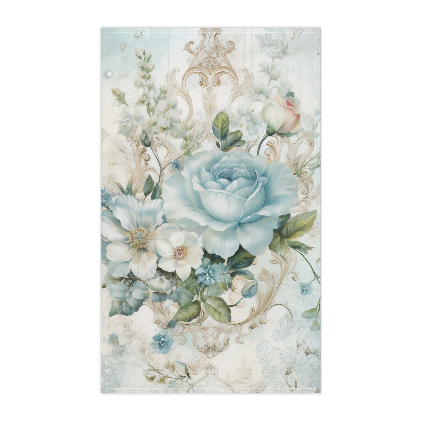 Flat lay of Floral Elegance Tea Towel, 18x30 lightweight cotton or polyester, hemmed edges and floral pattern