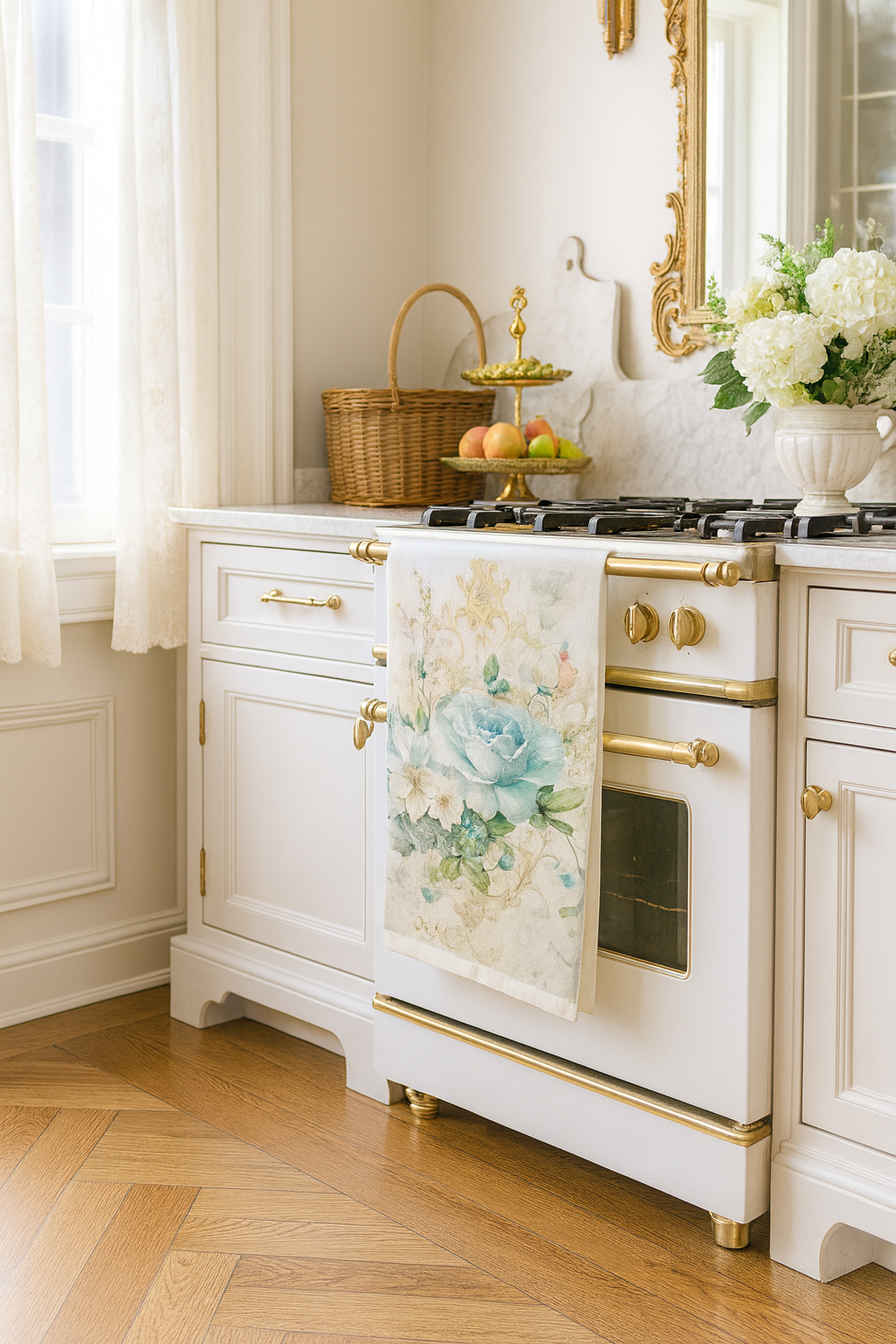 White kitchen stove with floral towel, fruit basket, and flowers on a light wood floor.