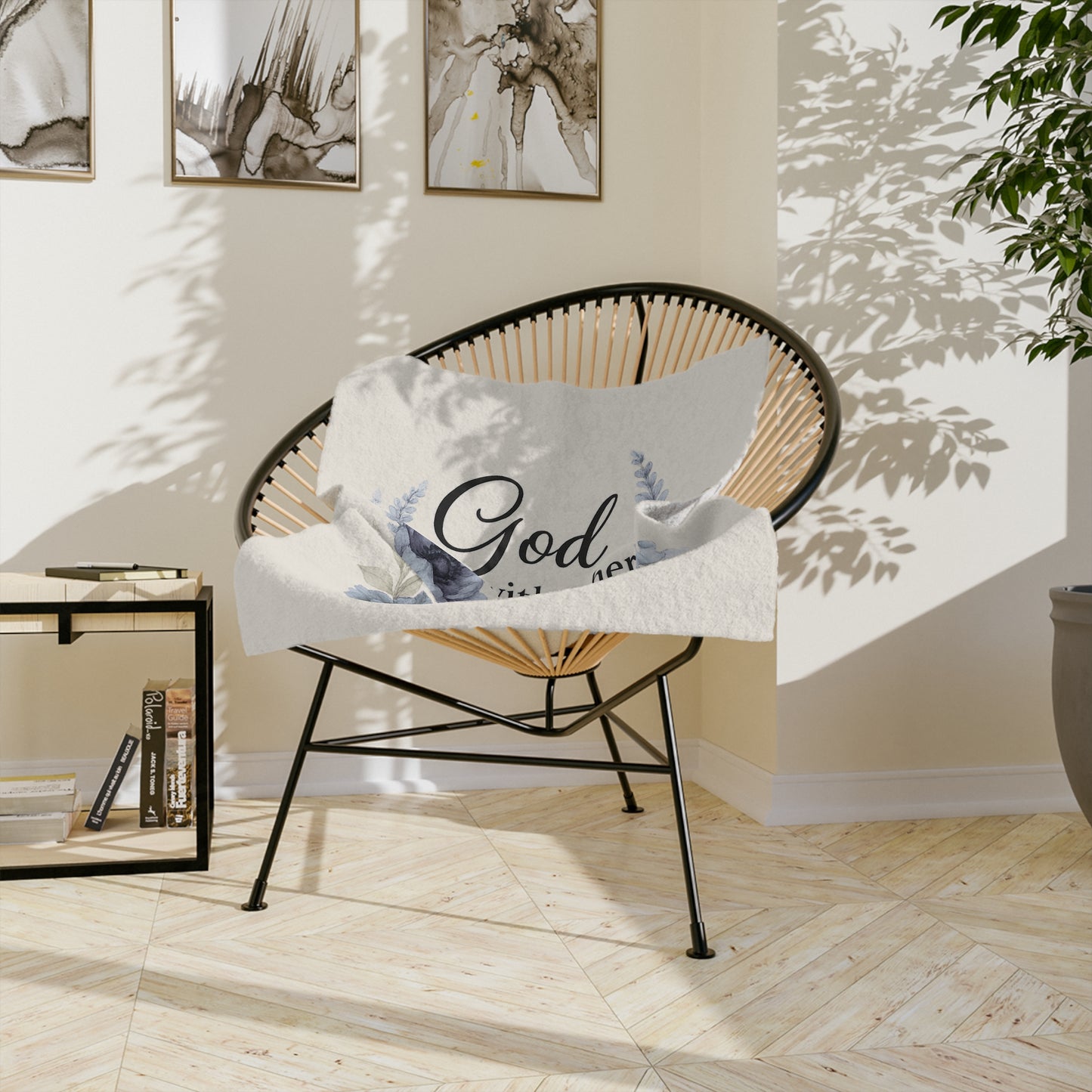 Ivory scripture blanket in 40x30, 60x50, and 80x60 sizes shown to scale