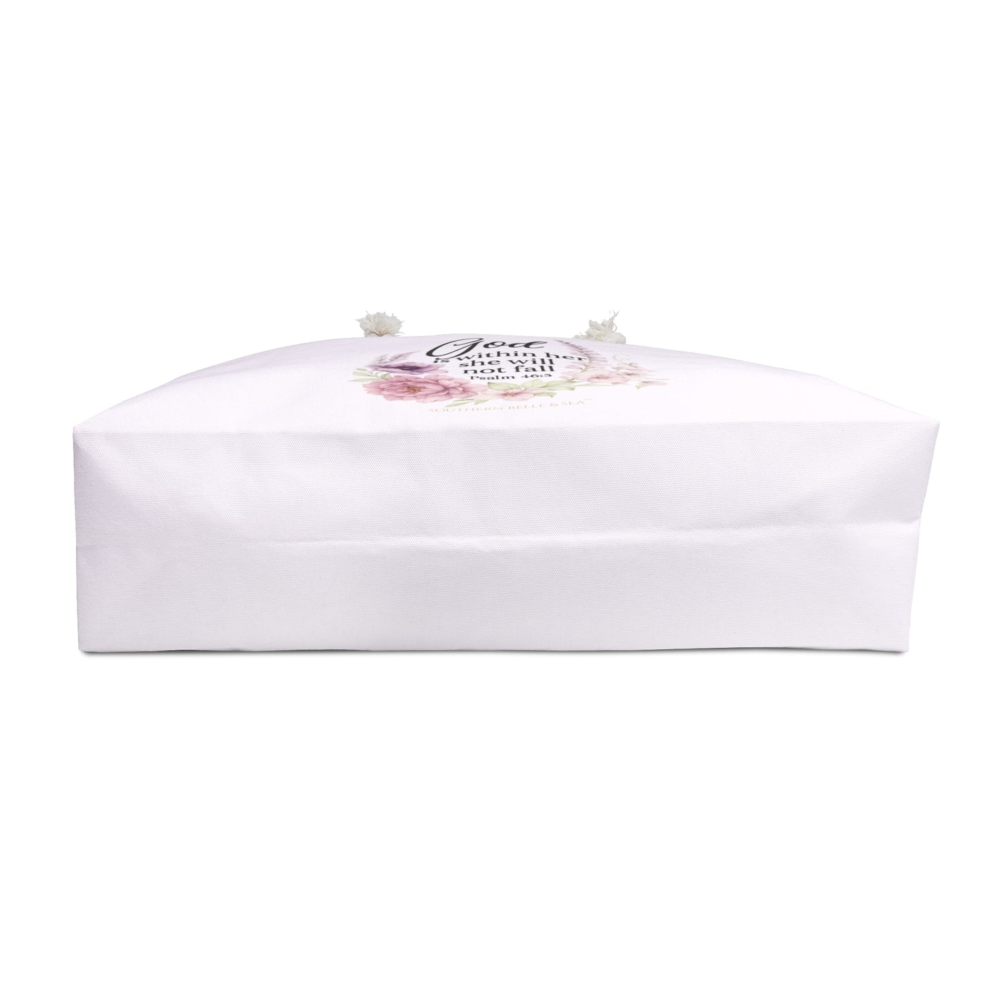 Pink floral scripture tote bag God Is Within Her displayed as travel bag or beach bag, faith-inspired weekender by Southern Belle & Sea™