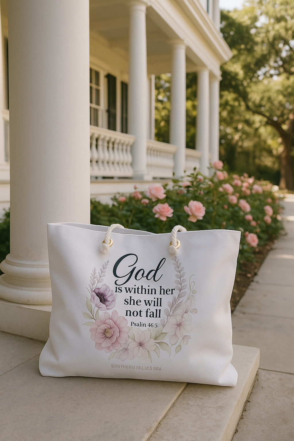 Southern Belle & Sea™ pink floral weekender tote with scripture God Is Within Her She Shall Not Fail — front view lifestyle shot