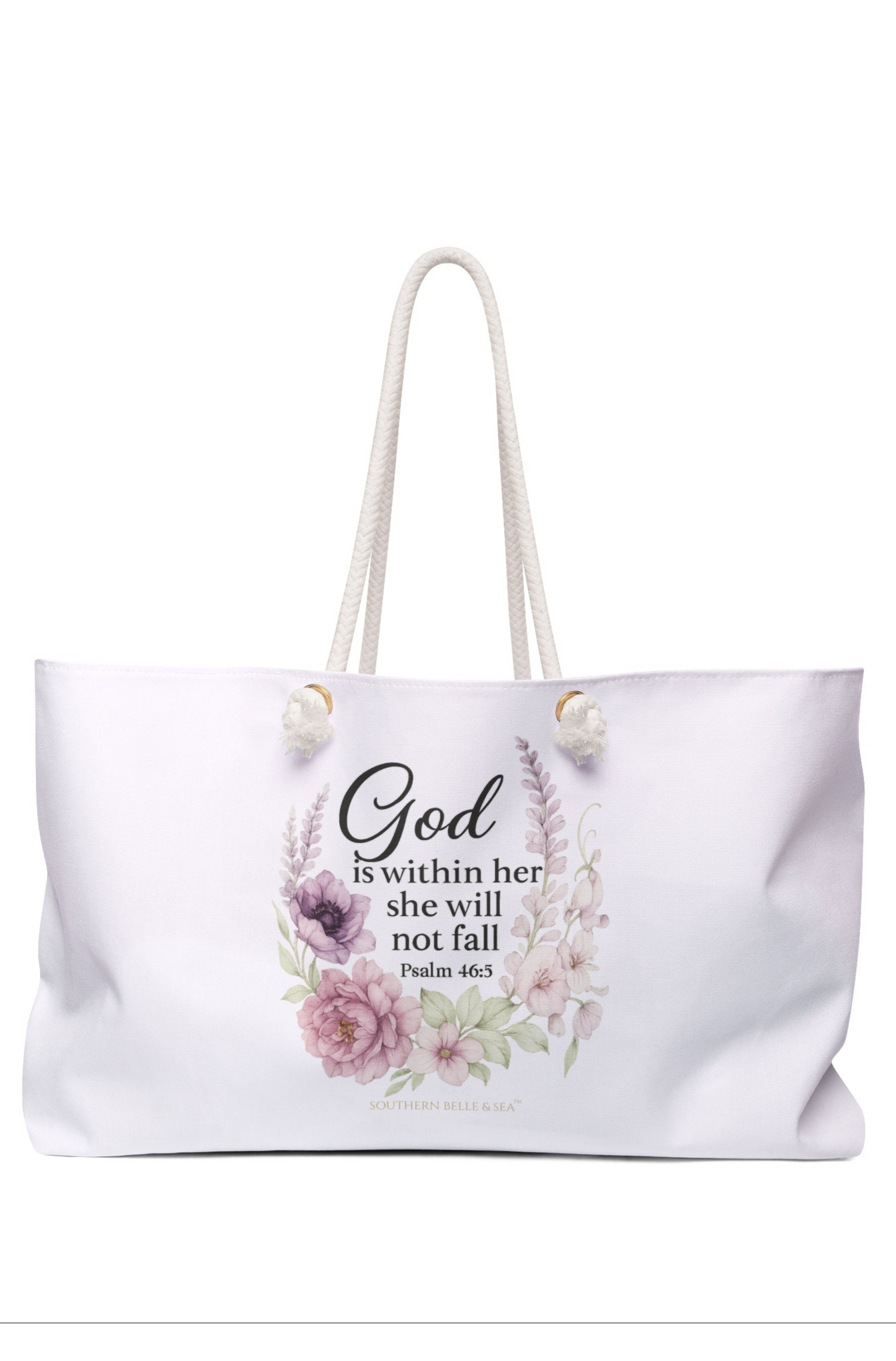Oversized pink scripture tote bag packed for travel, faith-inspired weekender bag with floral God Is Within Her print