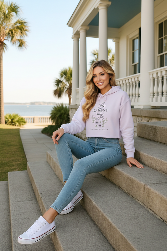 He Restoreth My Soul Cropped Hoodie (Lavender) — Floral Scripture | Southern Belle & Sea™ - Southern Belle & Sea