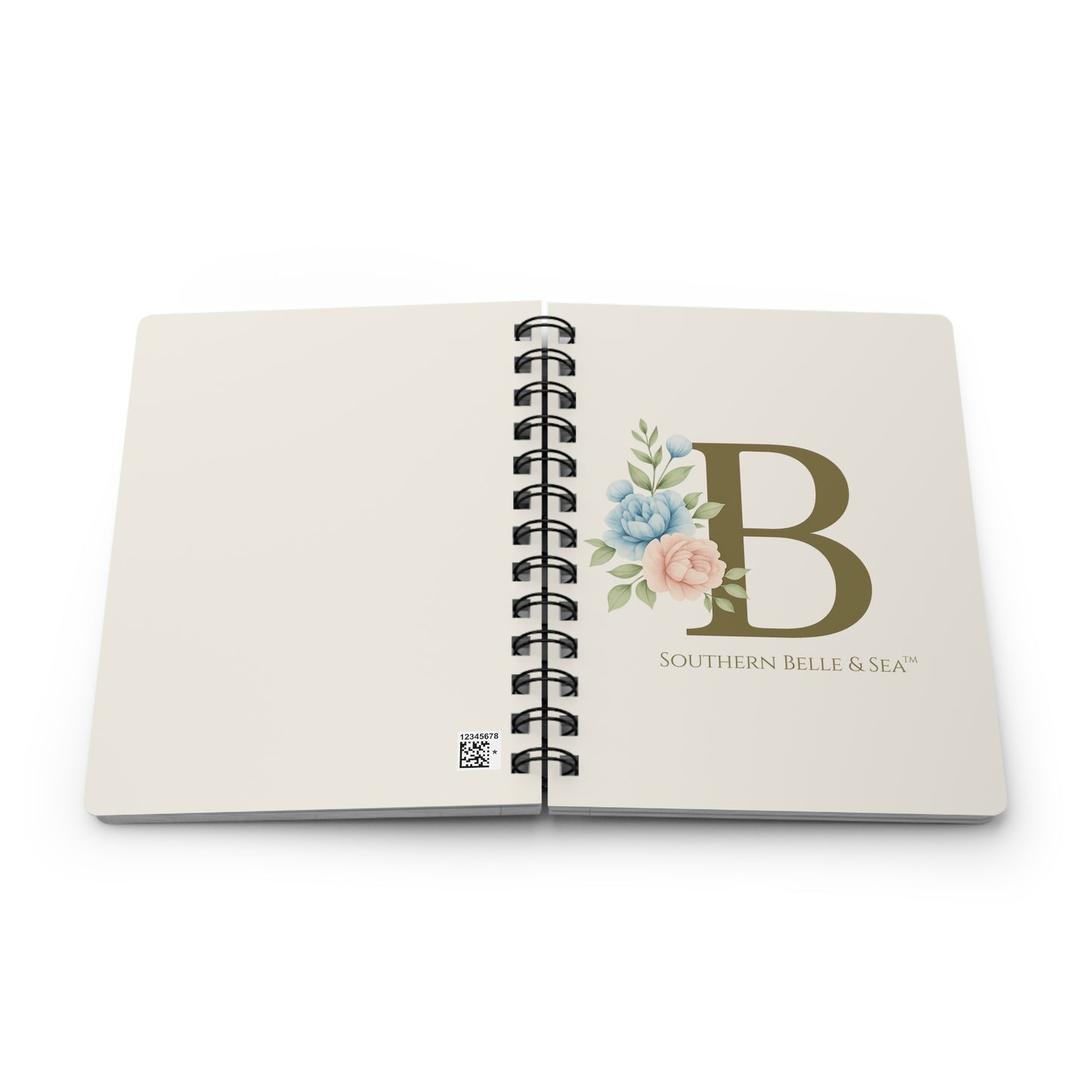Close-up of Monogram “B” Spiral Notebook spiral binding and glossy floral cover, Southern Belle & Sea™