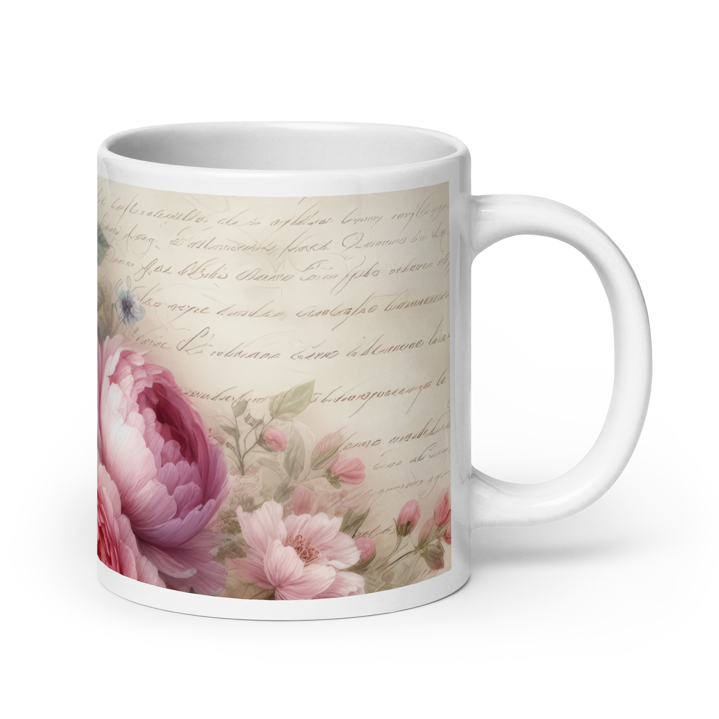 Front view of a white glossy mug with a soft pink floral design and romantic script background.