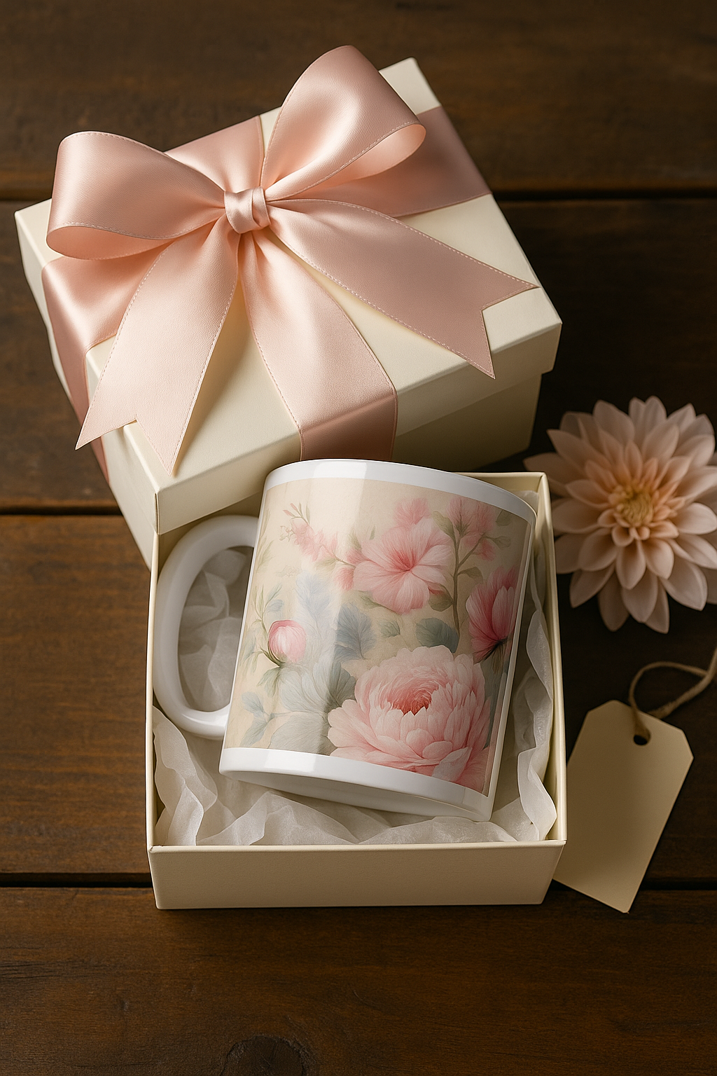 White ceramic mug in luxury gift box with pink satin ribbon and pastel peony floral print – ideal for bridal or birthday gifting