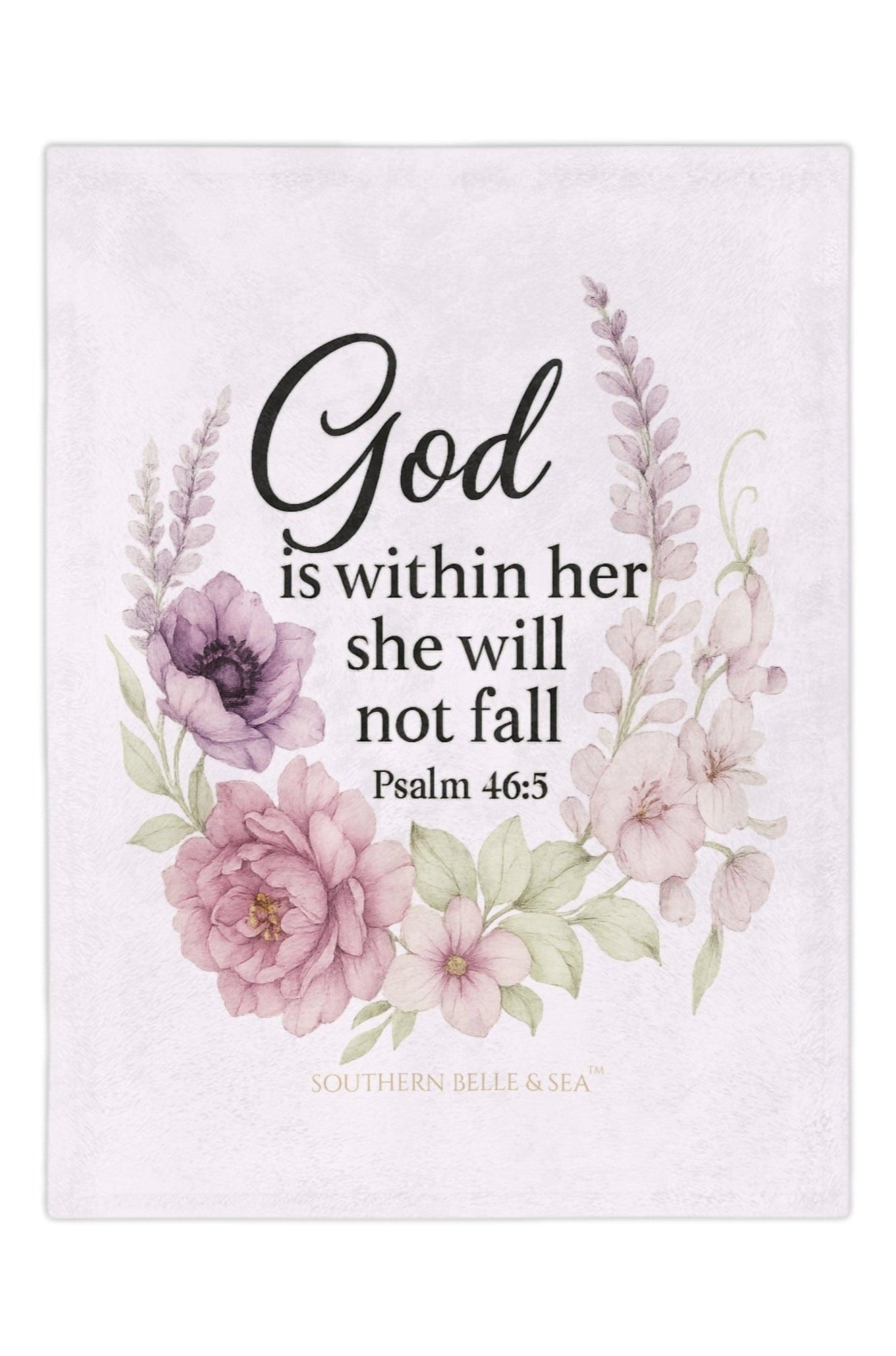 Decorative God is Within her she will not fall. Velveteen blanket with floral design and inspirational quote on a pink background