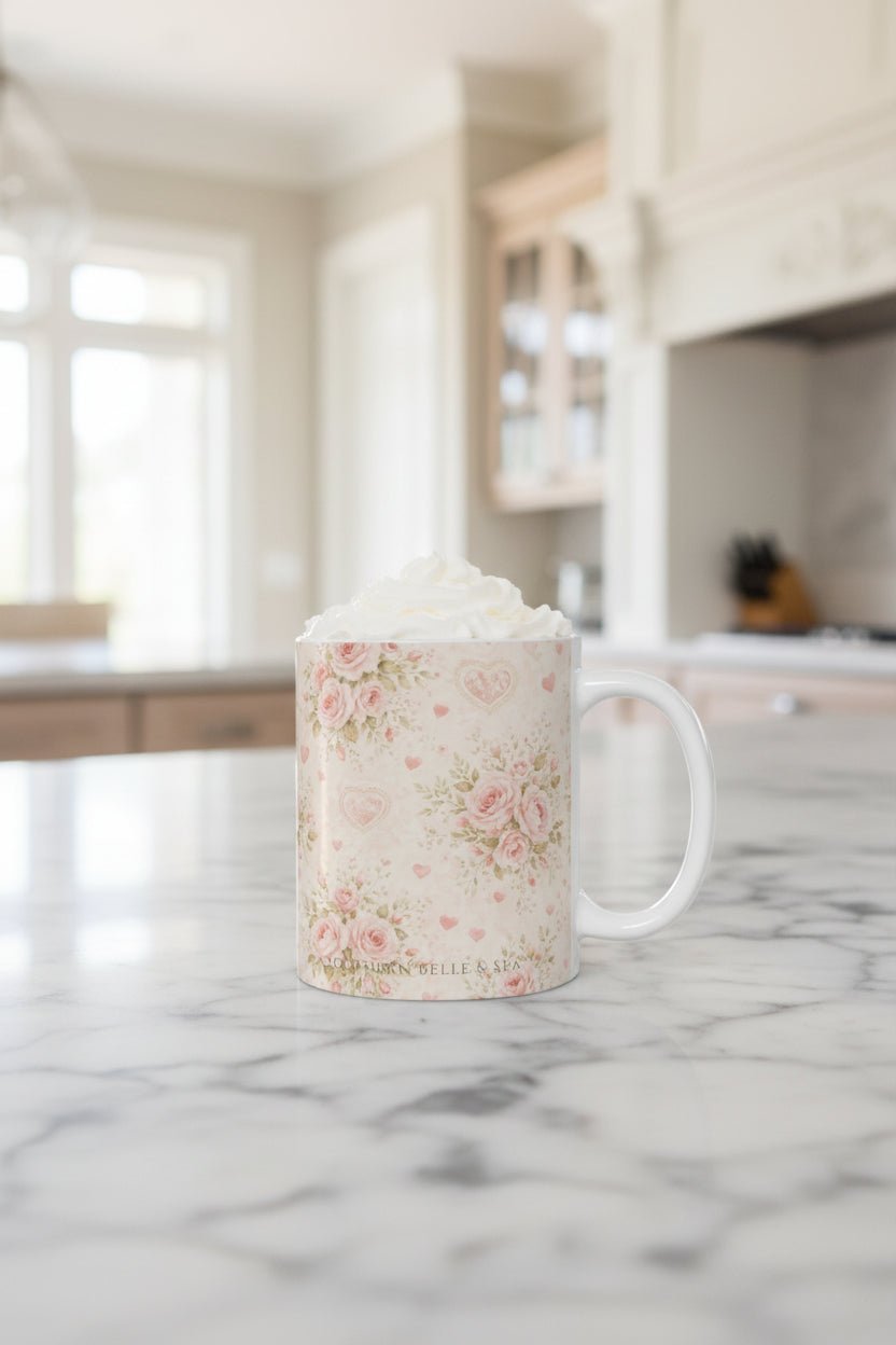 Rose Cottage Heirloom™ Floral Heart Mug | Romantic Rose Coffee Cup | Southern Belle & Sea™ - Southern Belle & Sea