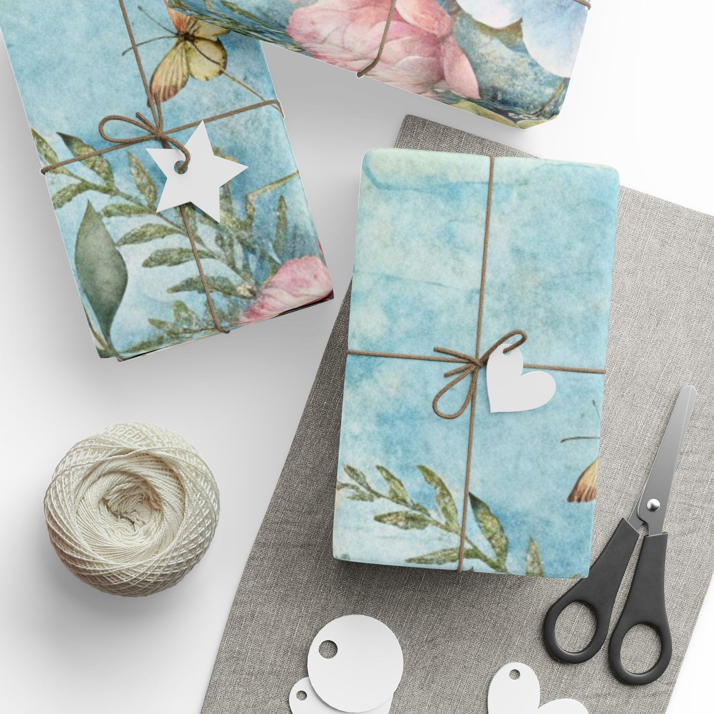 Seafoam Floral wrapping paper styled under Christmas tree, Southern Belle & Sea™