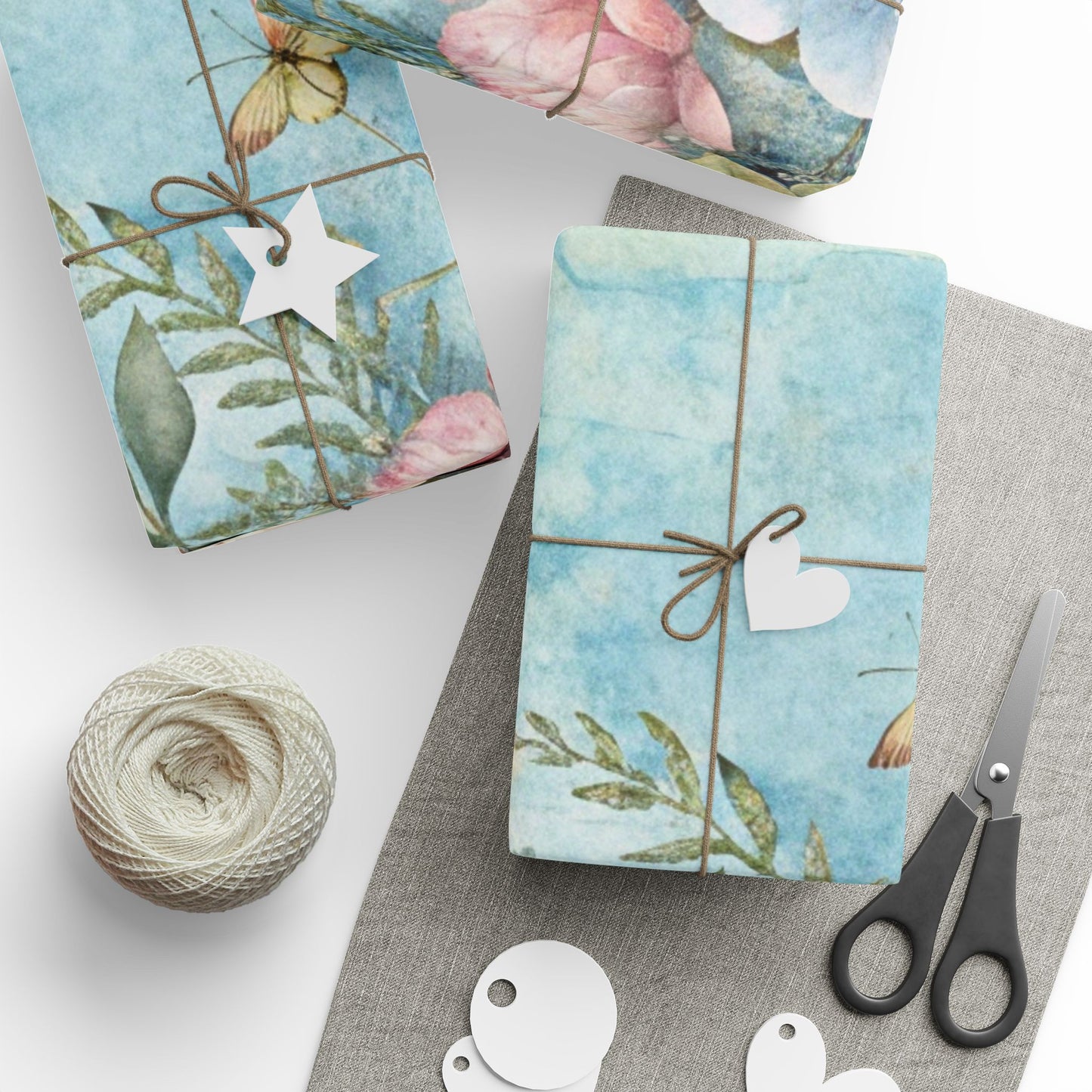 Three available sizes of Seafoam Floral wrapping paper shown for comparison, Southern Belle & Sea™