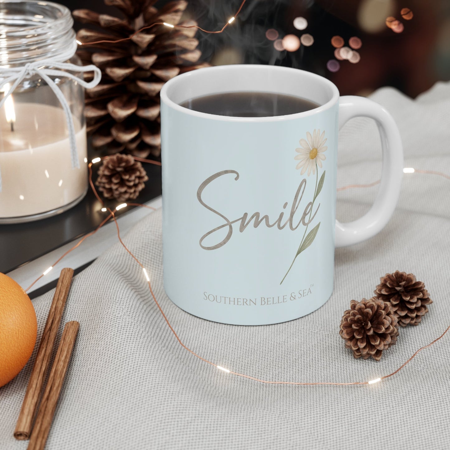 Smile Daisy Mug in Seafoam Blue — Faith & Floral Series | Southern Belle & Sea™ - Southern Belle & Sea