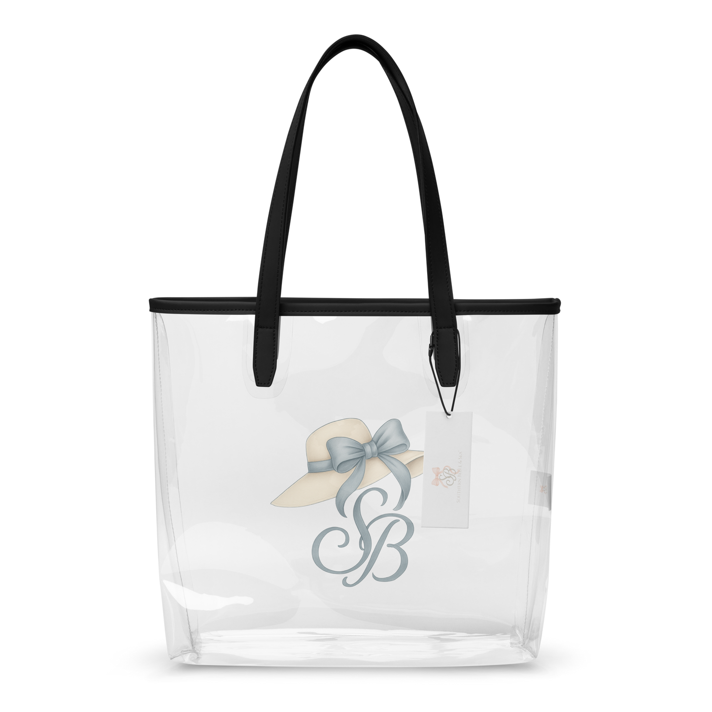 Front-facing Southern Belle clear tote with blue bow and sunhat monogram logo, black handles, and minimalist tag design.