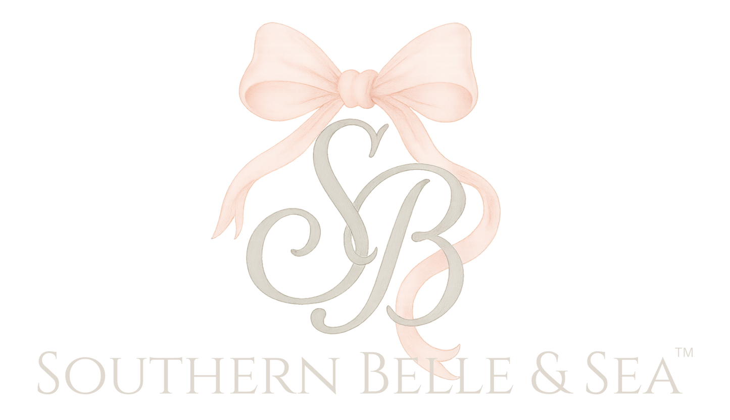 Southern Belle & Sea™ pastel blush bow monogram logo with delicate gray SB lettering — romantic Southern charm branding for upscale, vintage-inspired lifestyle products.