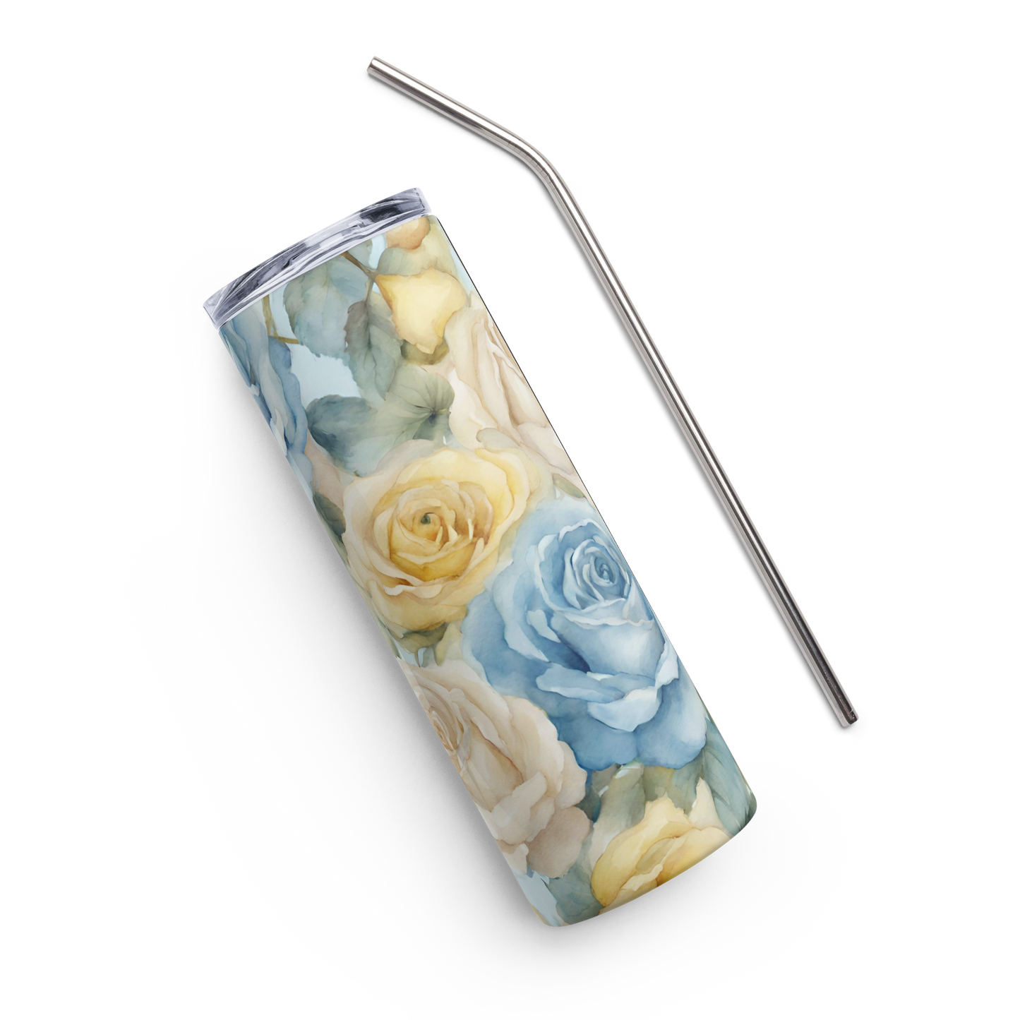 Savannah Garden Rose floral tumbler, 20 oz double-insulated stainless steel with straw and lid, yellow and blue watercolor roses