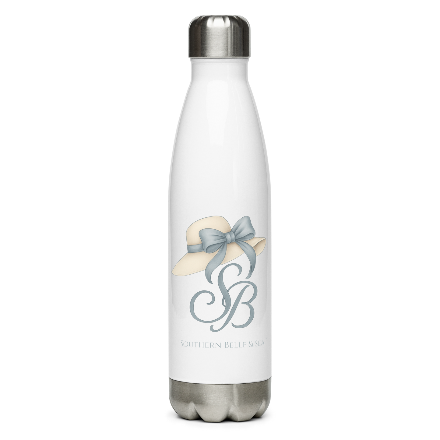 Southern Belle & Sea™ stainless steel water bottle with SB logo and vintage Southern floppy hat in soft ivory and blue tones"