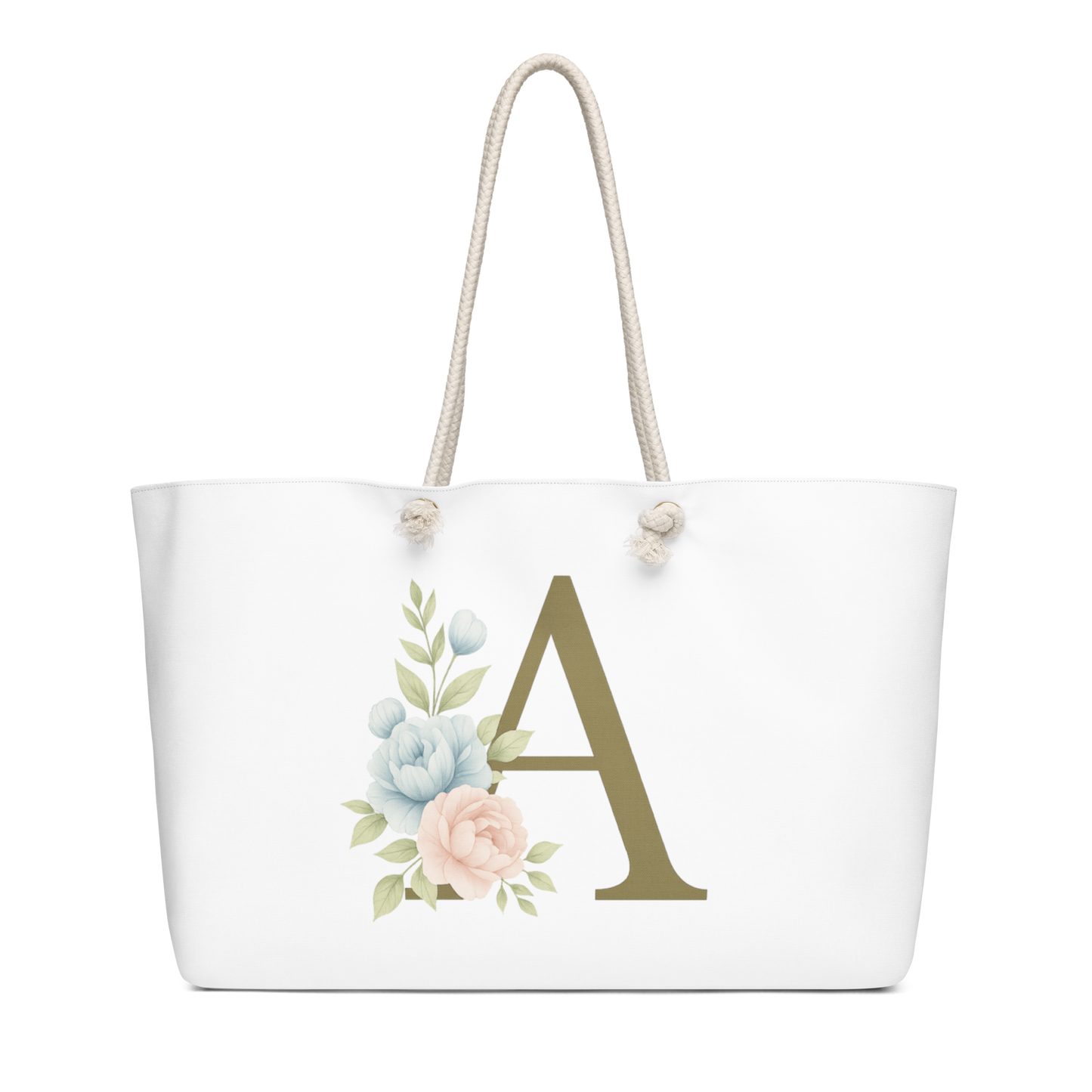 Southern Belle & Sea™ oversized weekender bag with monogram letter A and pastel floral design, white background