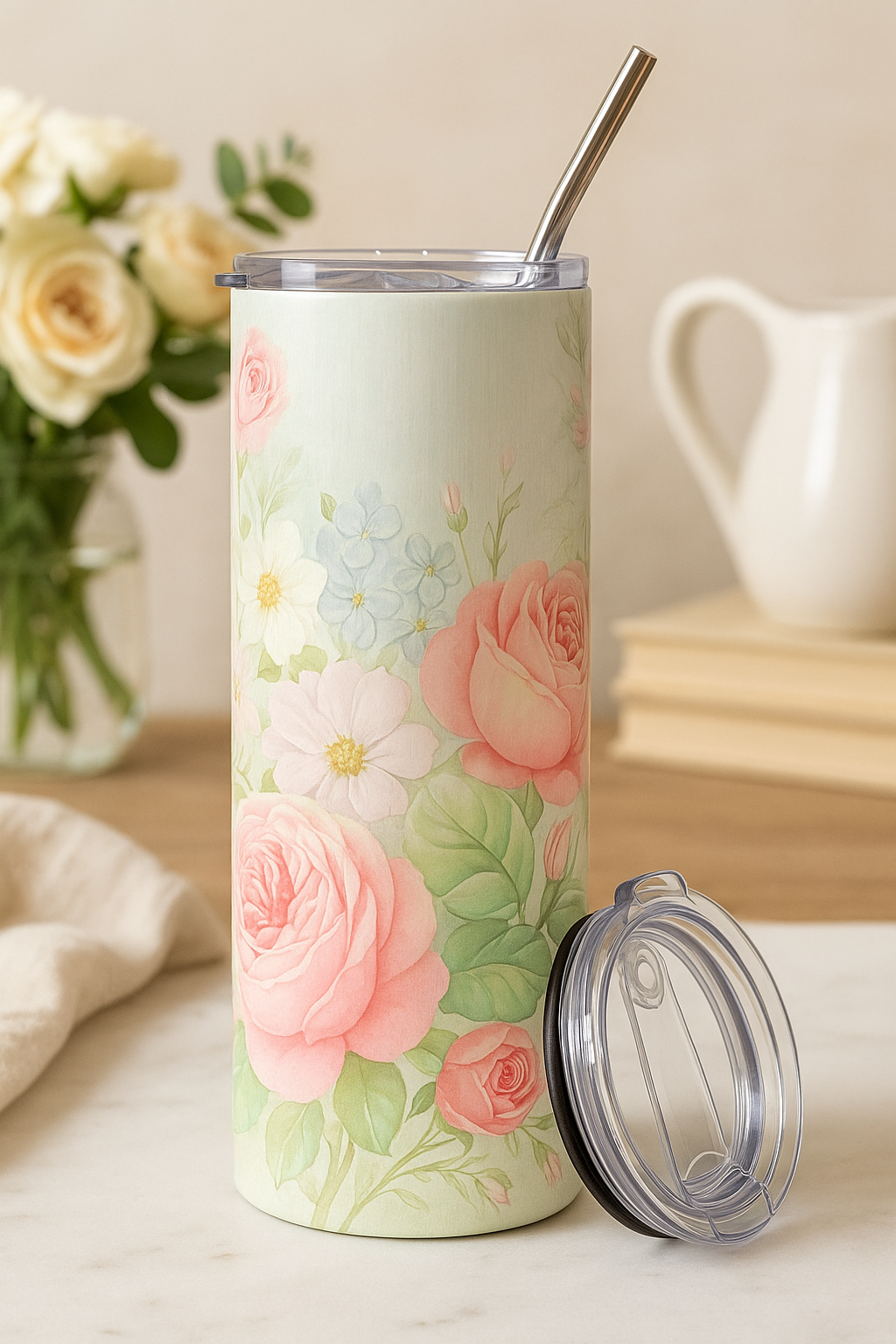 tumbler on table with roses in background