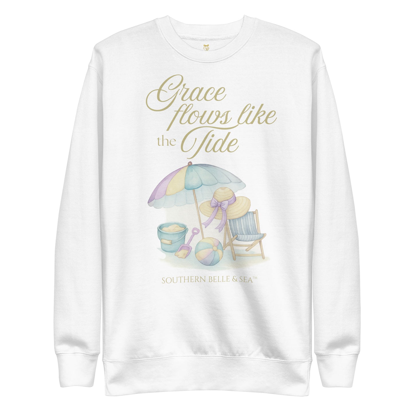 Product white sweatshirt reading “Grace Flows Like the Tide” by Southern Belle & Sea™