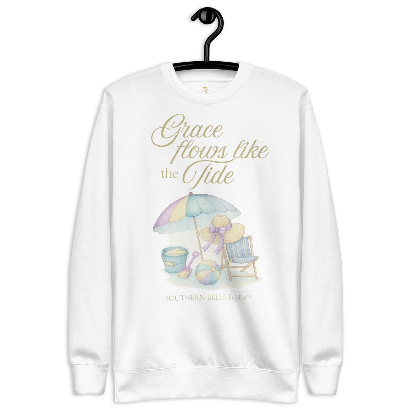 white sweatshirt reading “Grace Flows Like the Tide” by Southern Belle & Sea™