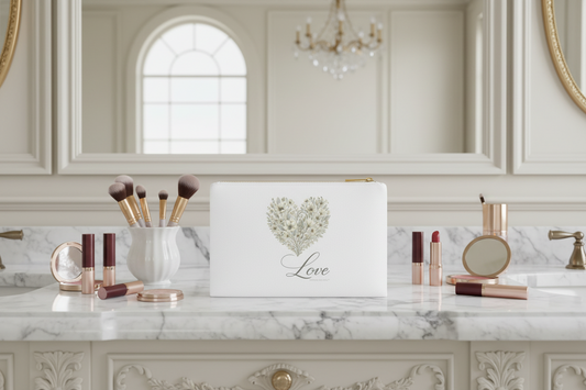 Vintage Botanical Greenery Heart “Love” Cosmetic Bag – 7” × 9.5” Zippered Pouch | Southern Belle & Sea™ - Southern Belle & Sea