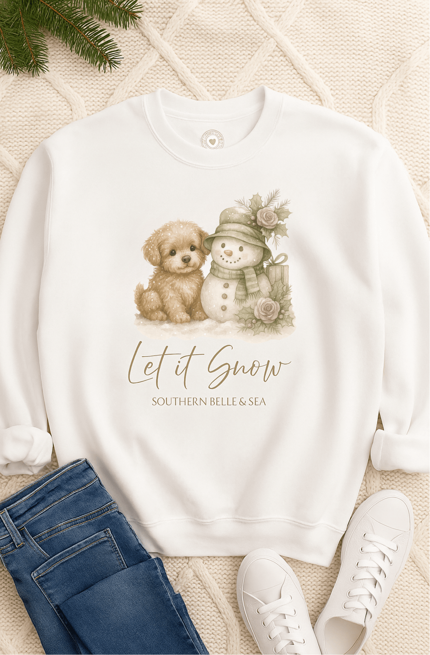 White “Let It Snow” Sweatshirt — Snowman & Puppy | Southern Belle & Sea™ - Southern Belle & Sea