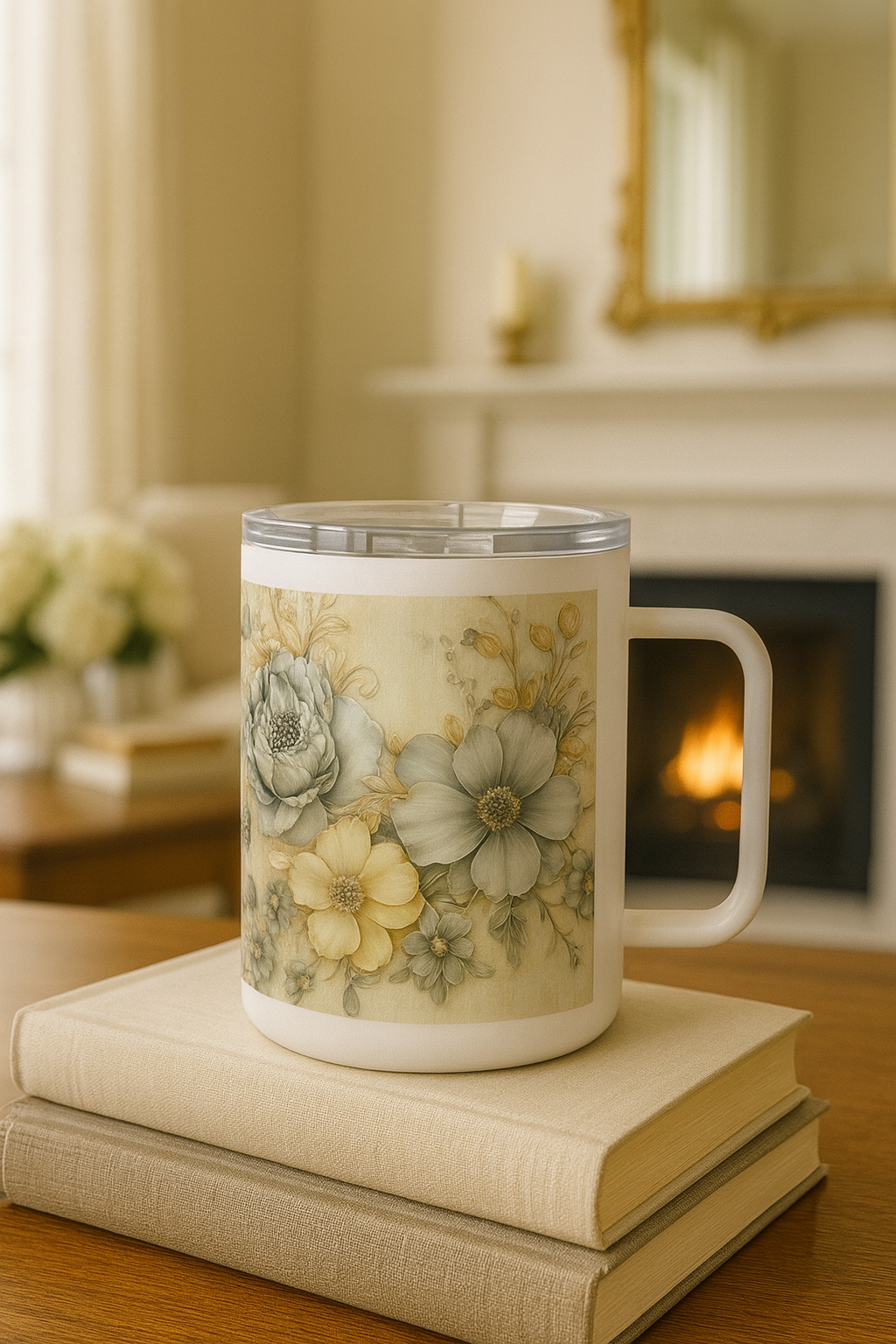 Insulated coffee mug with blue floral  print 