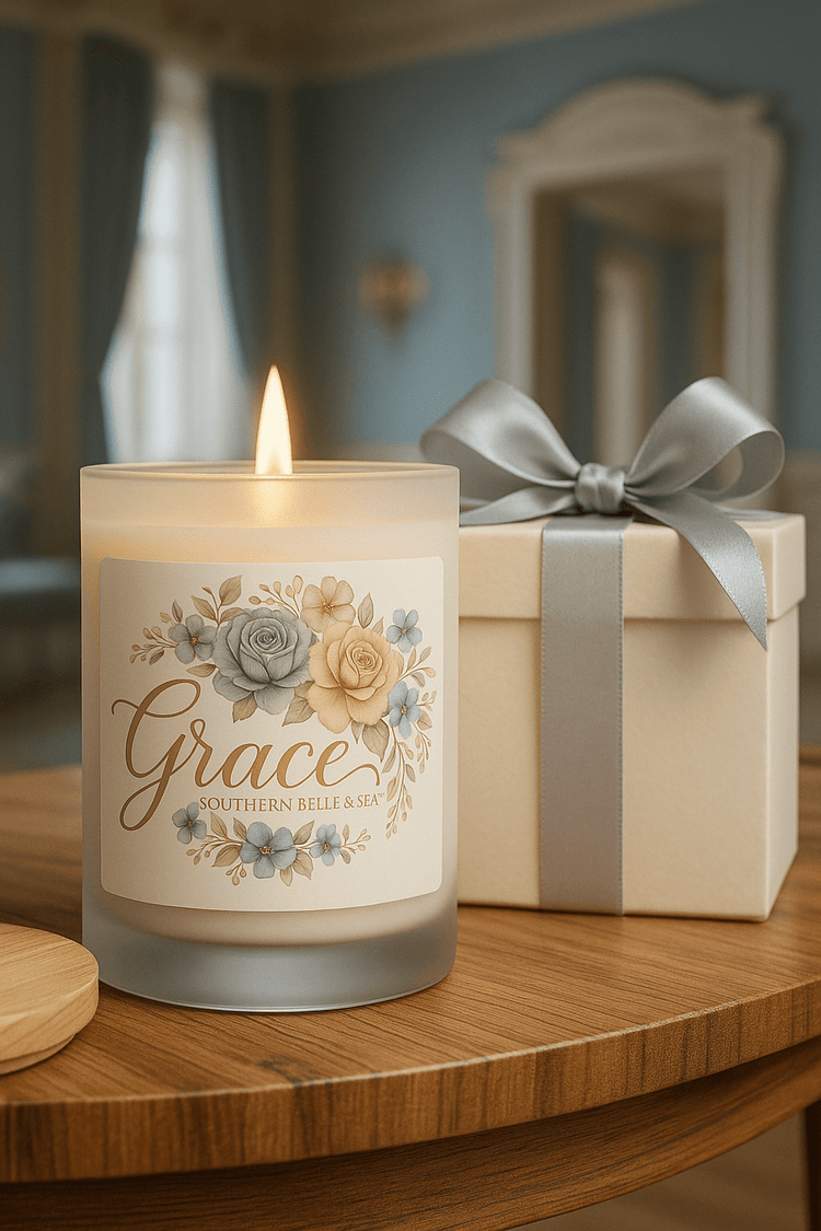 Southern Belle & Sea™ Signature Candles Collection — handcrafted wooden-wick soy candles in frosted jars with faith-inspired Southern fragrances