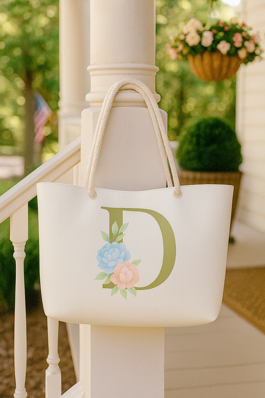 White tote bag with floral design and letter 'D' on a porch