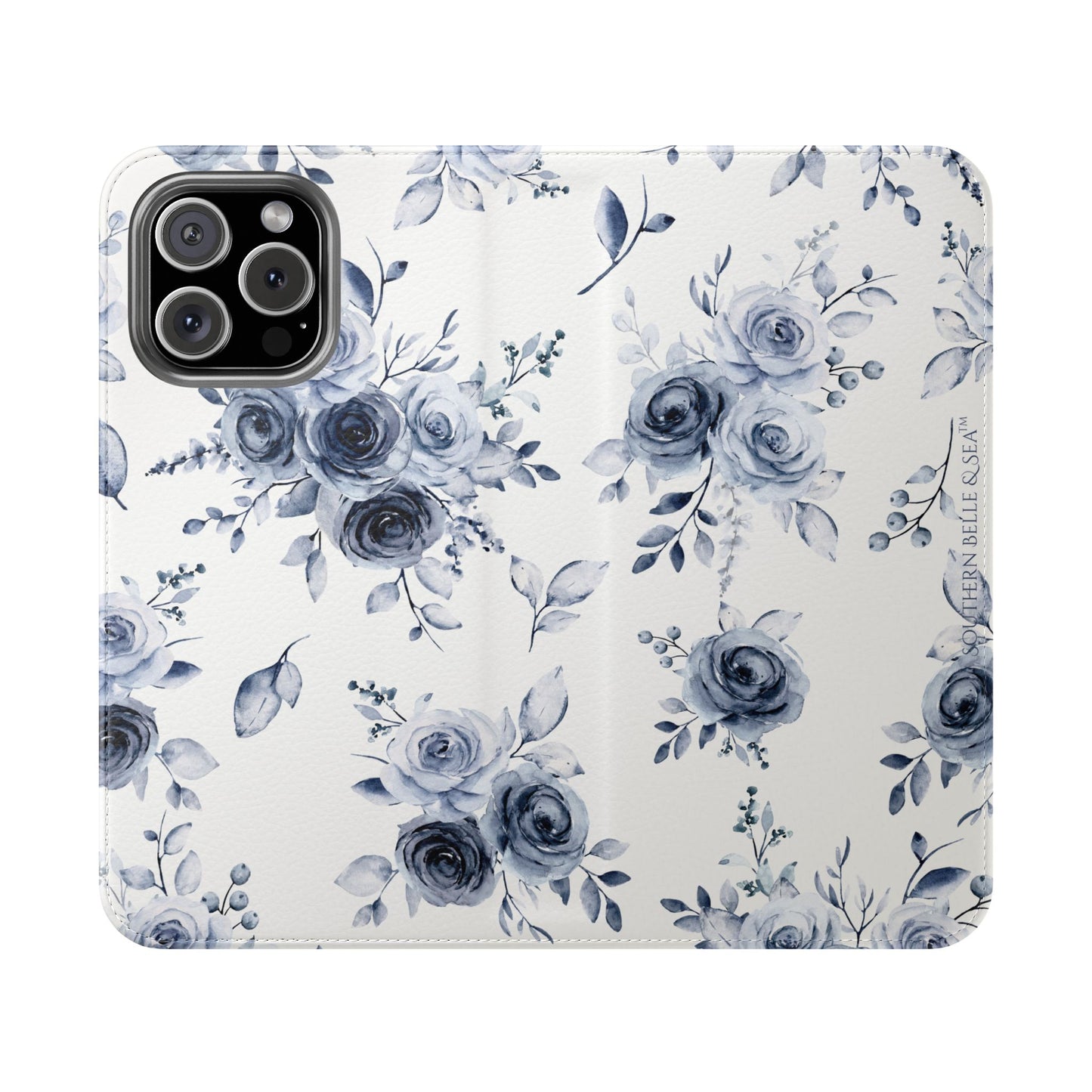 Phone case with blue floral pattern on a white background