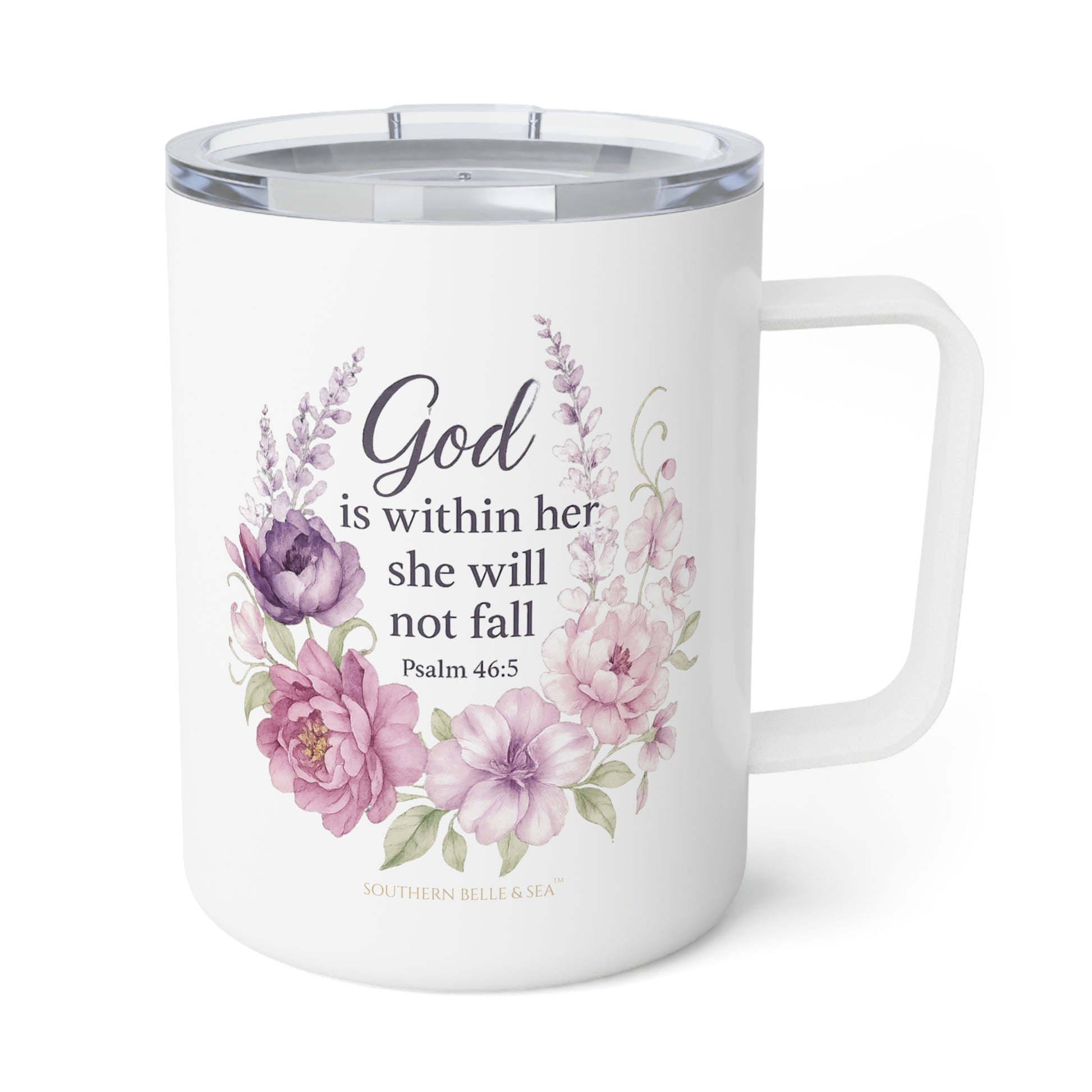 Faith-inspired Psalm 46:5 insulated mug with floral wrap design by Southern Belle & Sea™