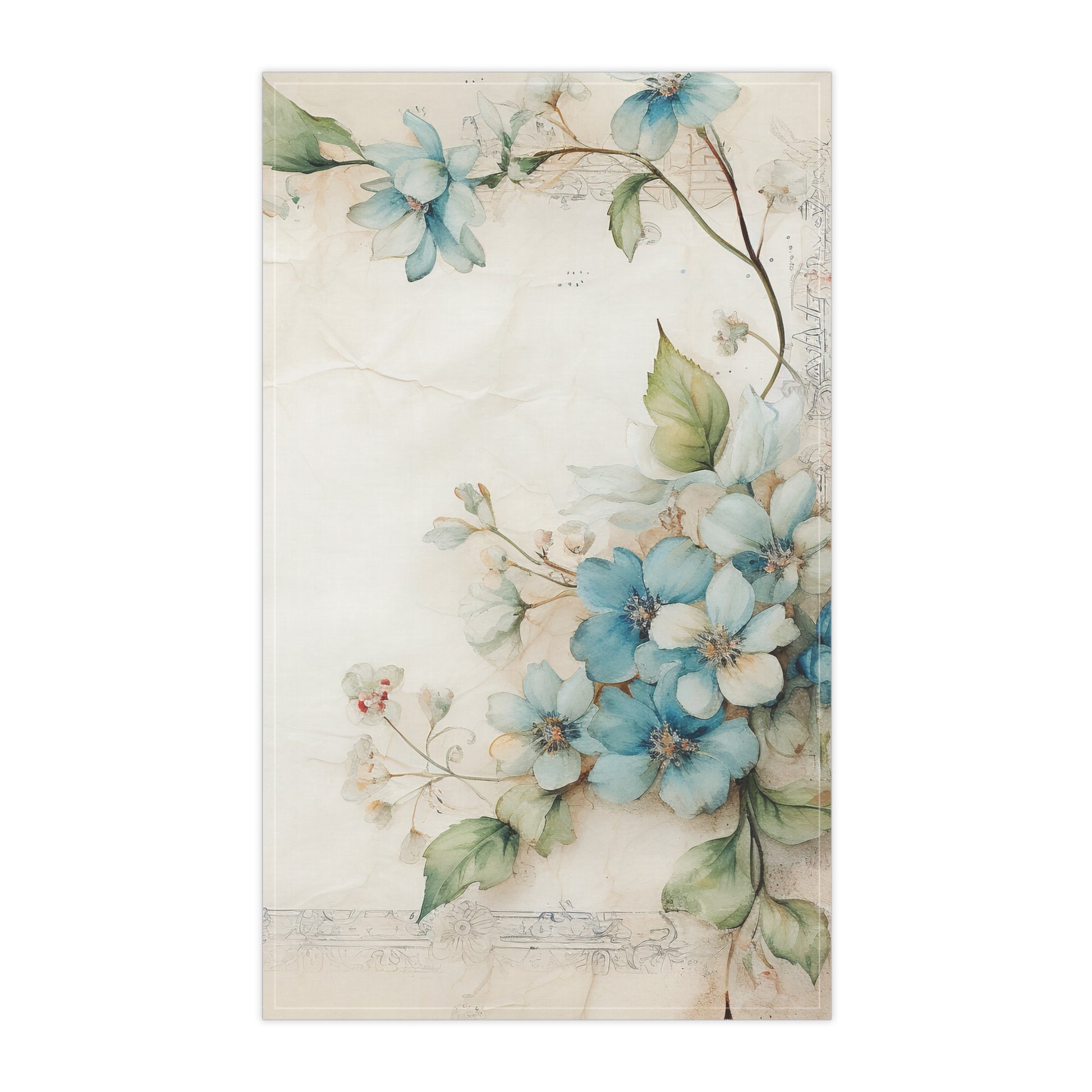 Floral blue dogwood design with blue flowers and green leaves on a textured background