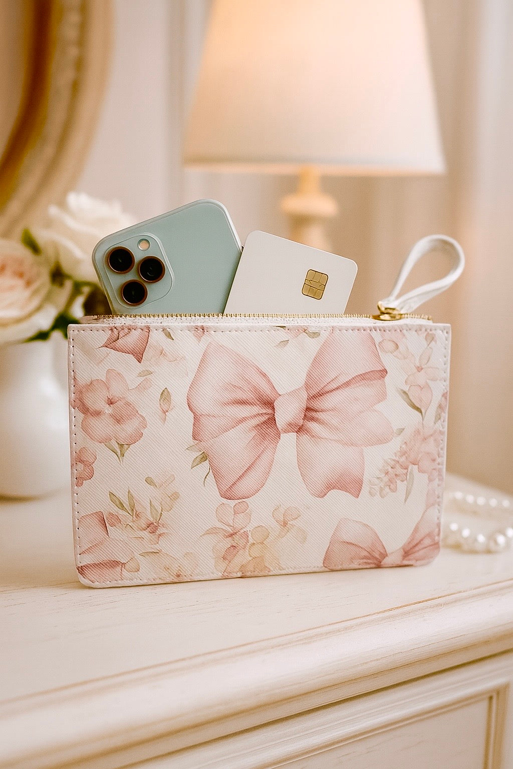 Floral pouch with a bow holding a phone and card on a surface with a blurred background
