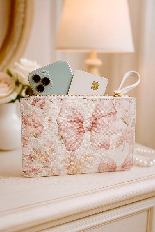 Floral pouch with a bow holding a phone and card on a surface with a blurred background