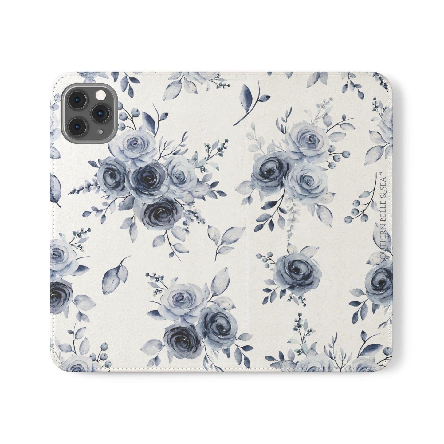 Floral phone case with blue flowers on a white background