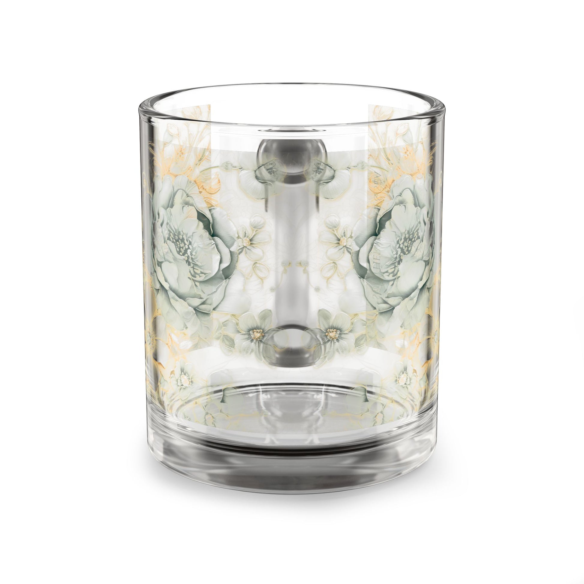 Clear glass candle holder with floral design on a white background