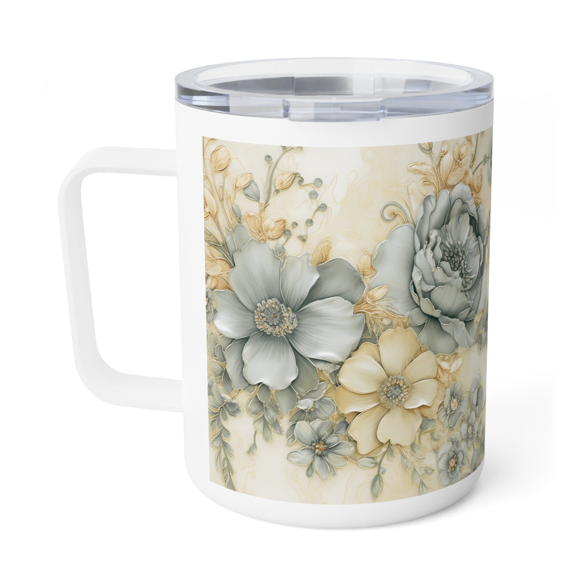 Floral-patterned mug with a white handle on a white background
