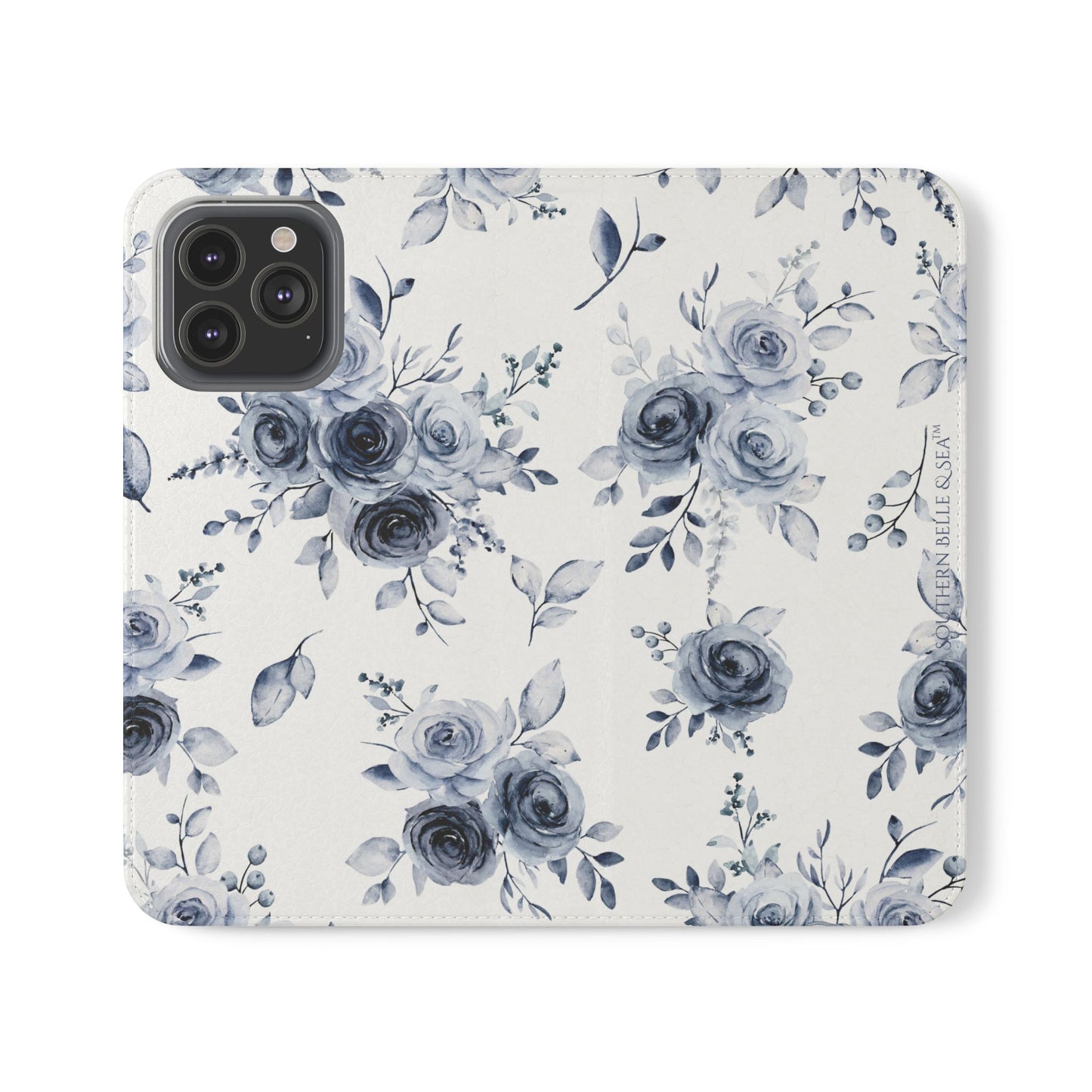 Phone case with blue floral pattern on a white background