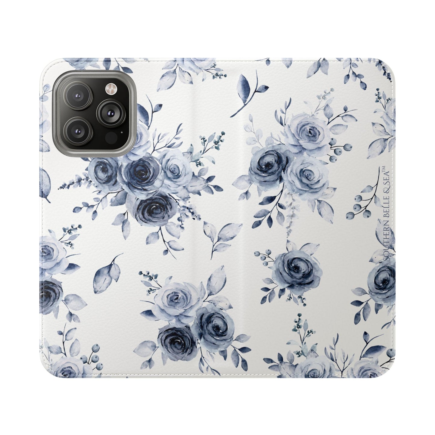 Phone case with blue floral pattern on a white background