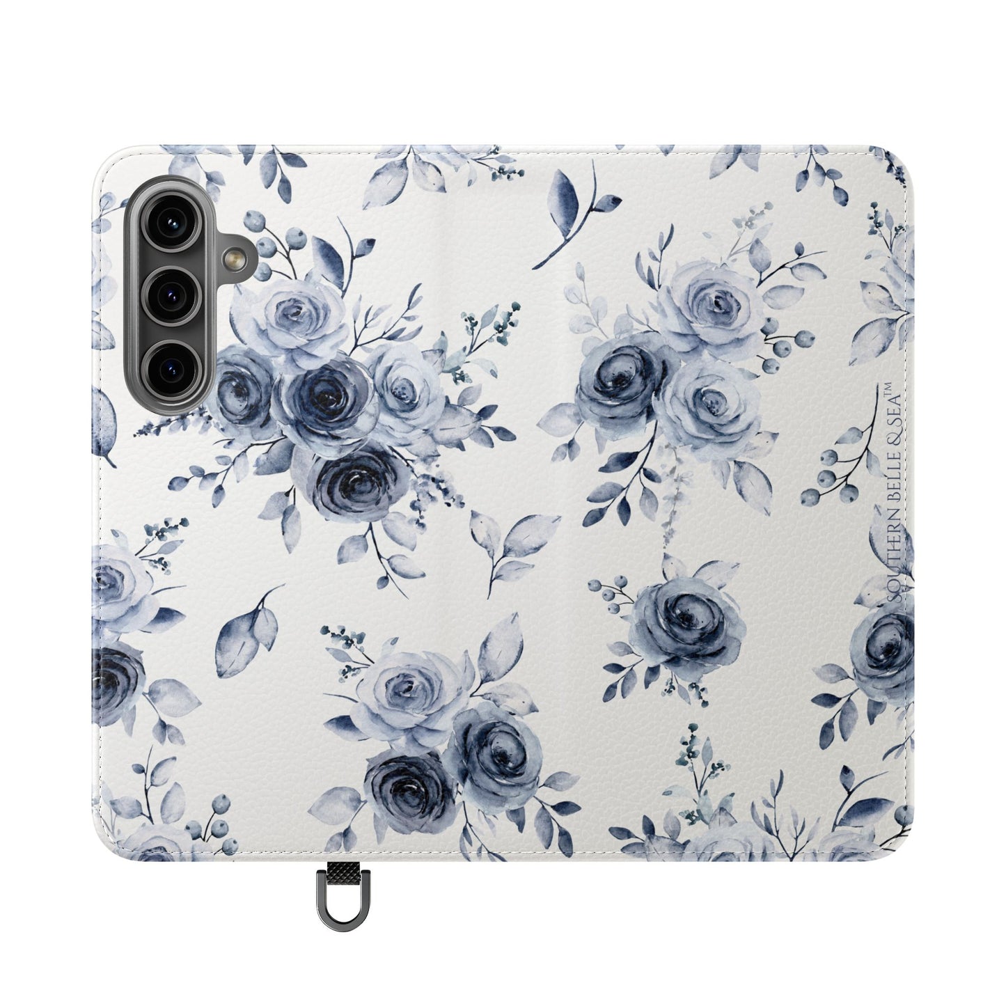 Floral phone case with blue flowers on a white background